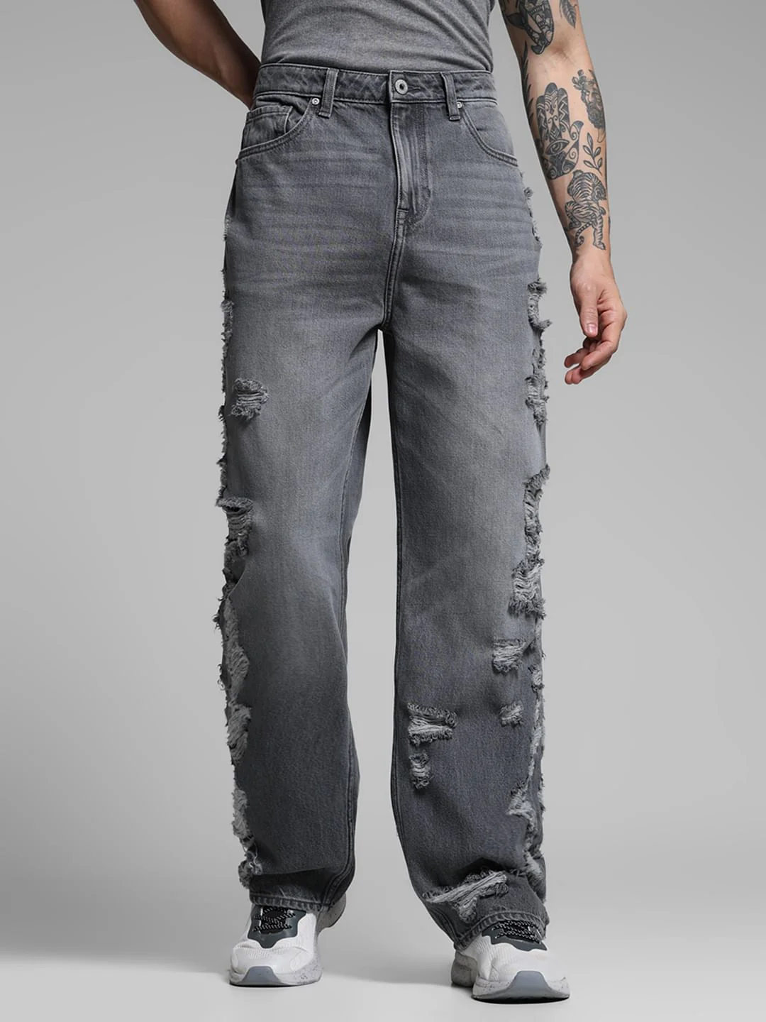 Grey Distressed Dario Loose Fit Jeans