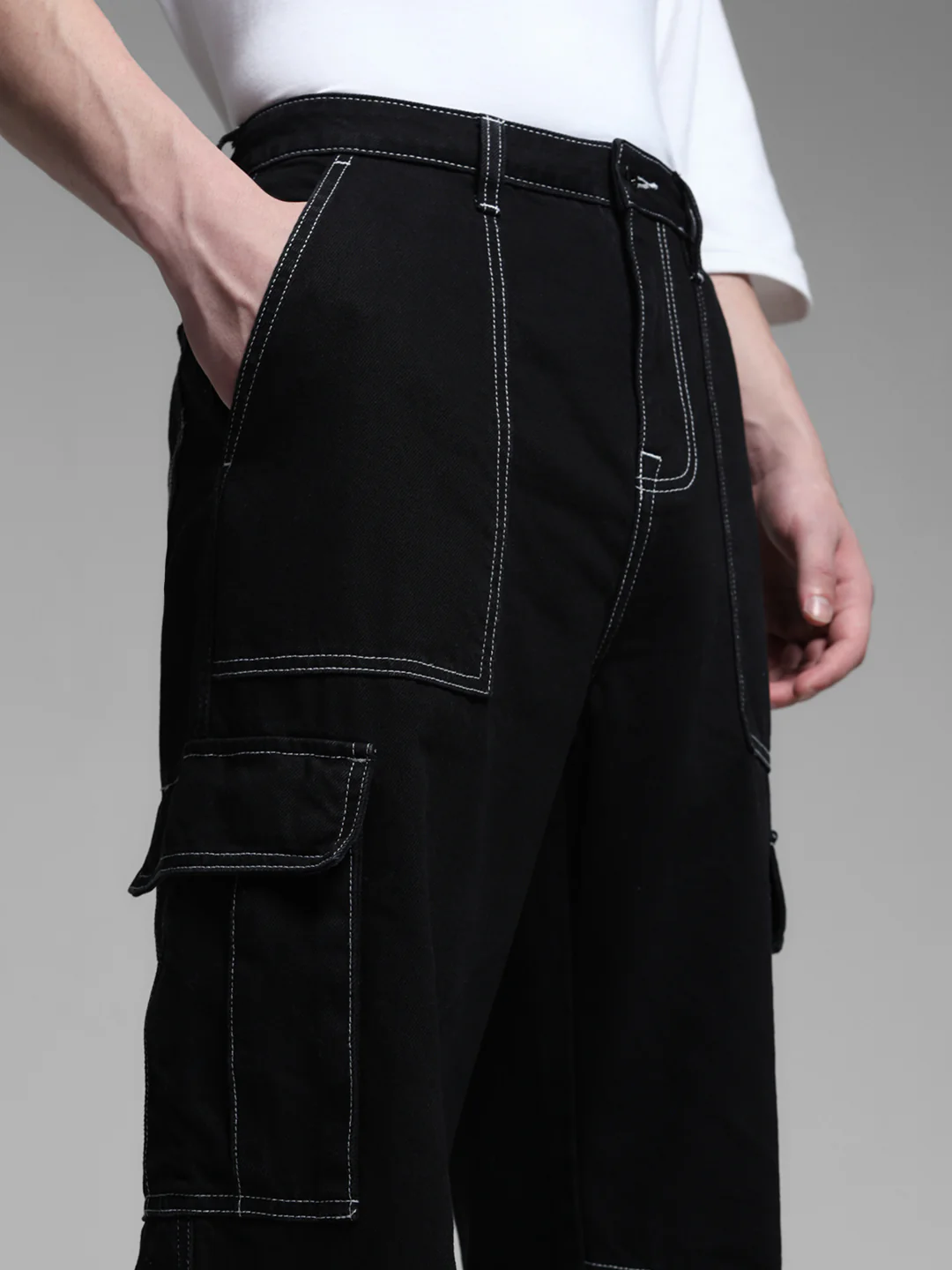 Black Contrast Stitch Anti Fit Jeans - Image 4