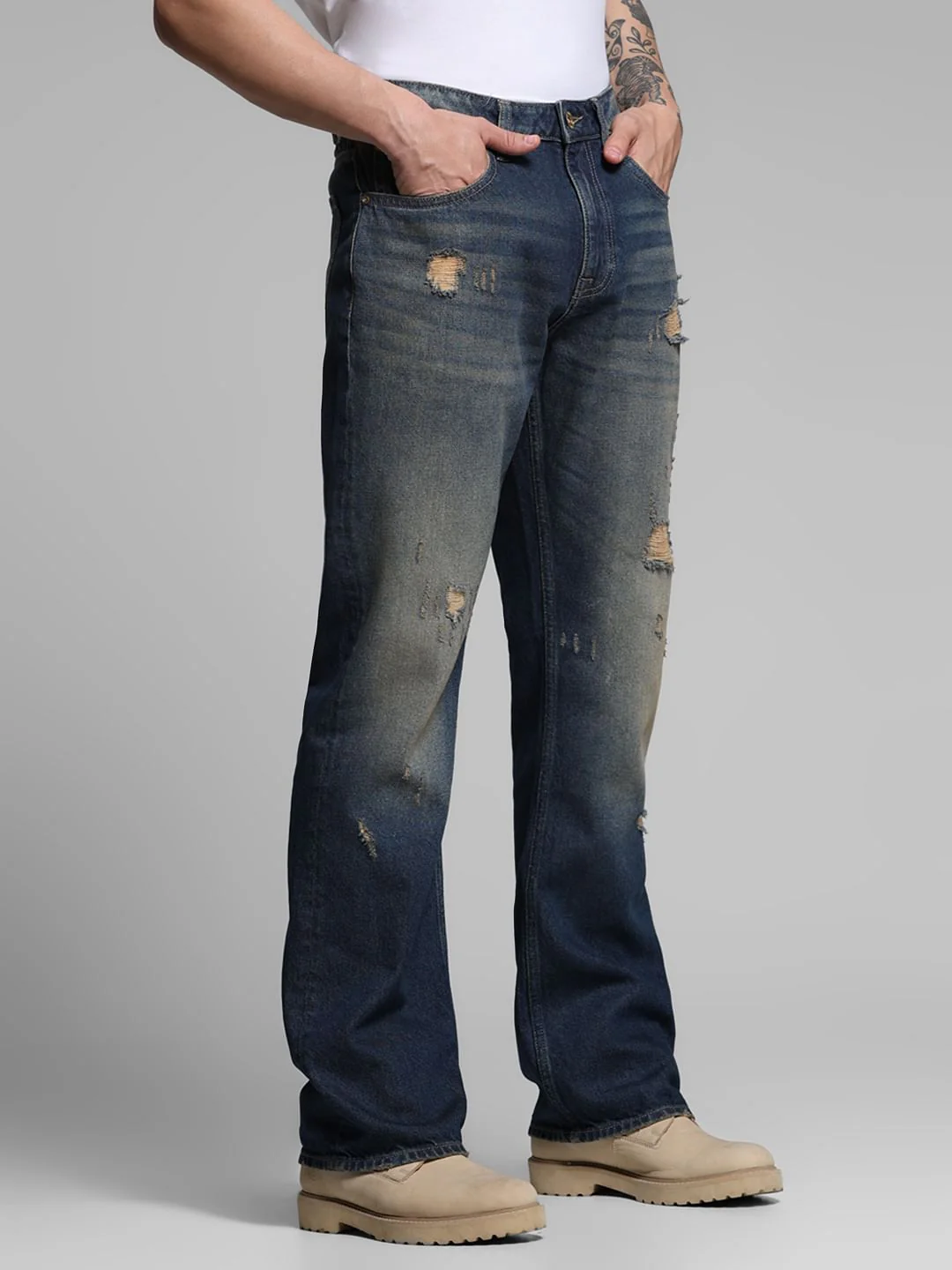 Dark Blue Distressed Bootcut Jeans - Image 2