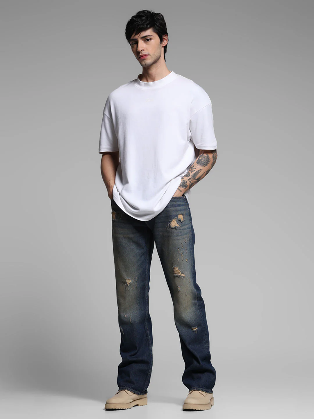 Dark Blue Distressed Bootcut Jeans - Image 6