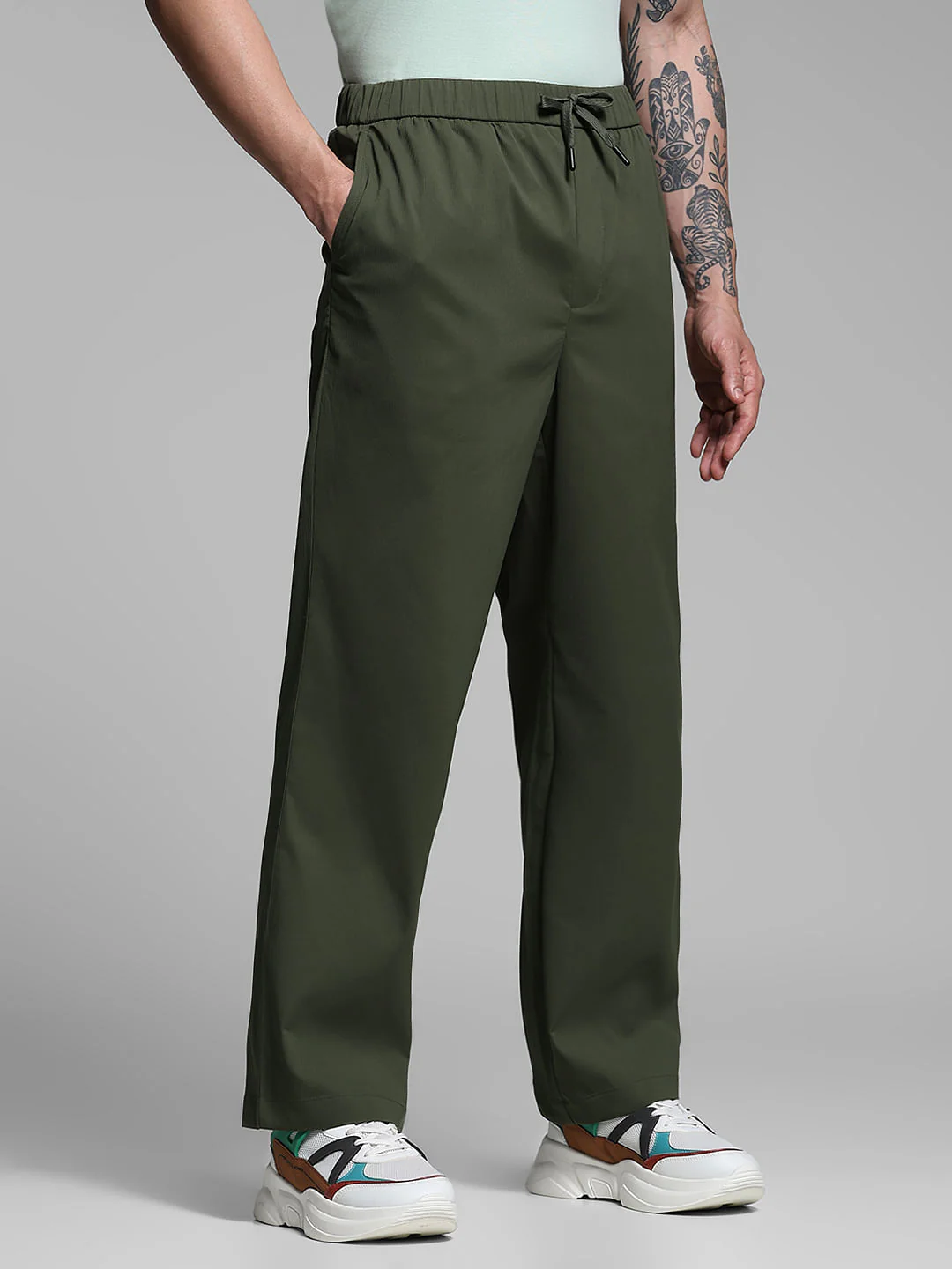 Dark Green Ribbed Loose Fit Pants - Image 2