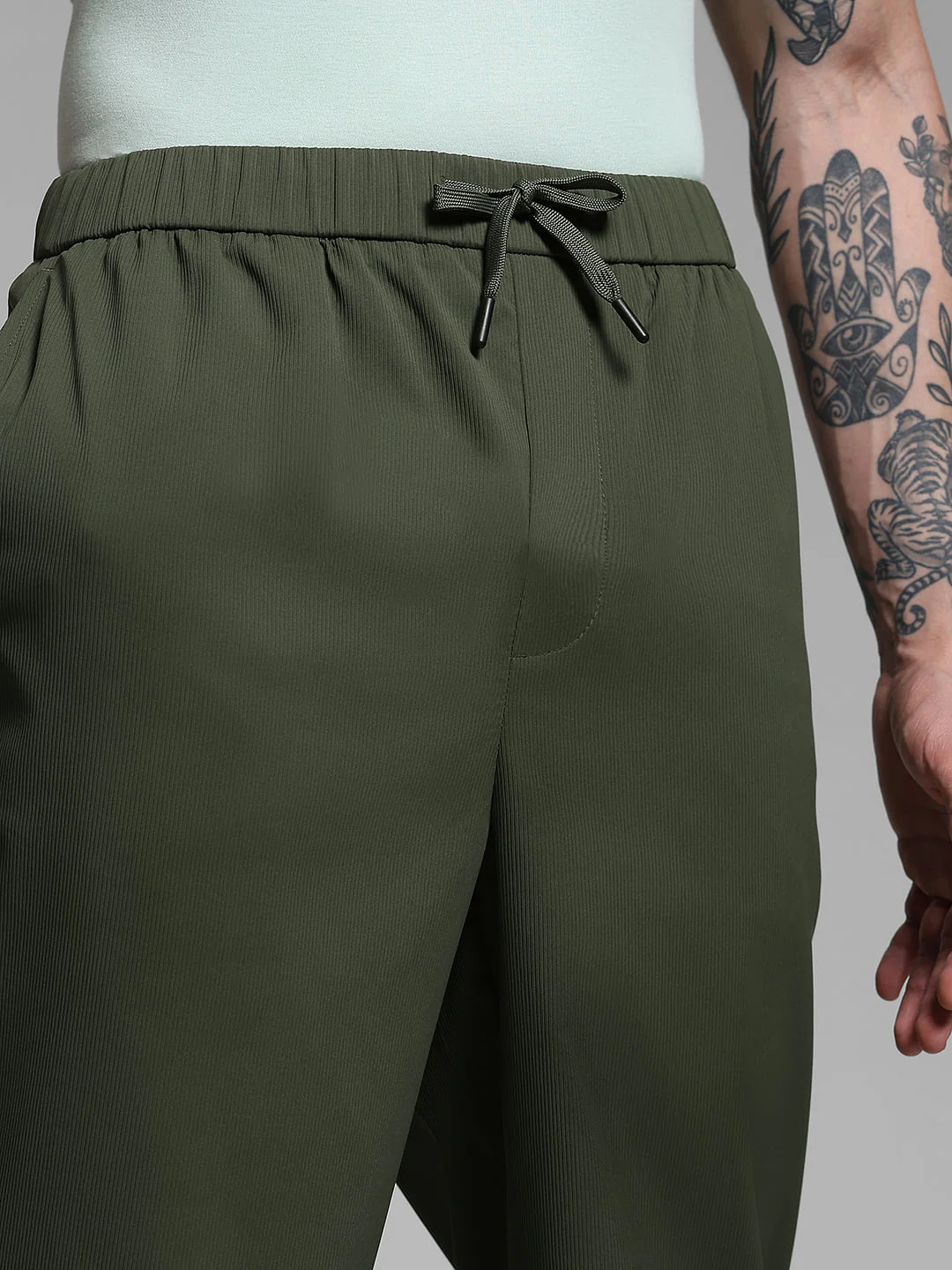 Dark Green Ribbed Loose Fit Pants - Image 4