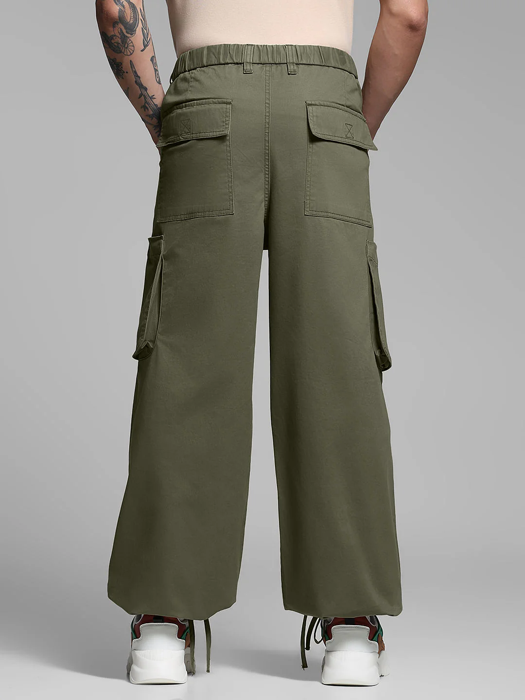 Olive Green Cotton Loose Fit Cargos - Image 3