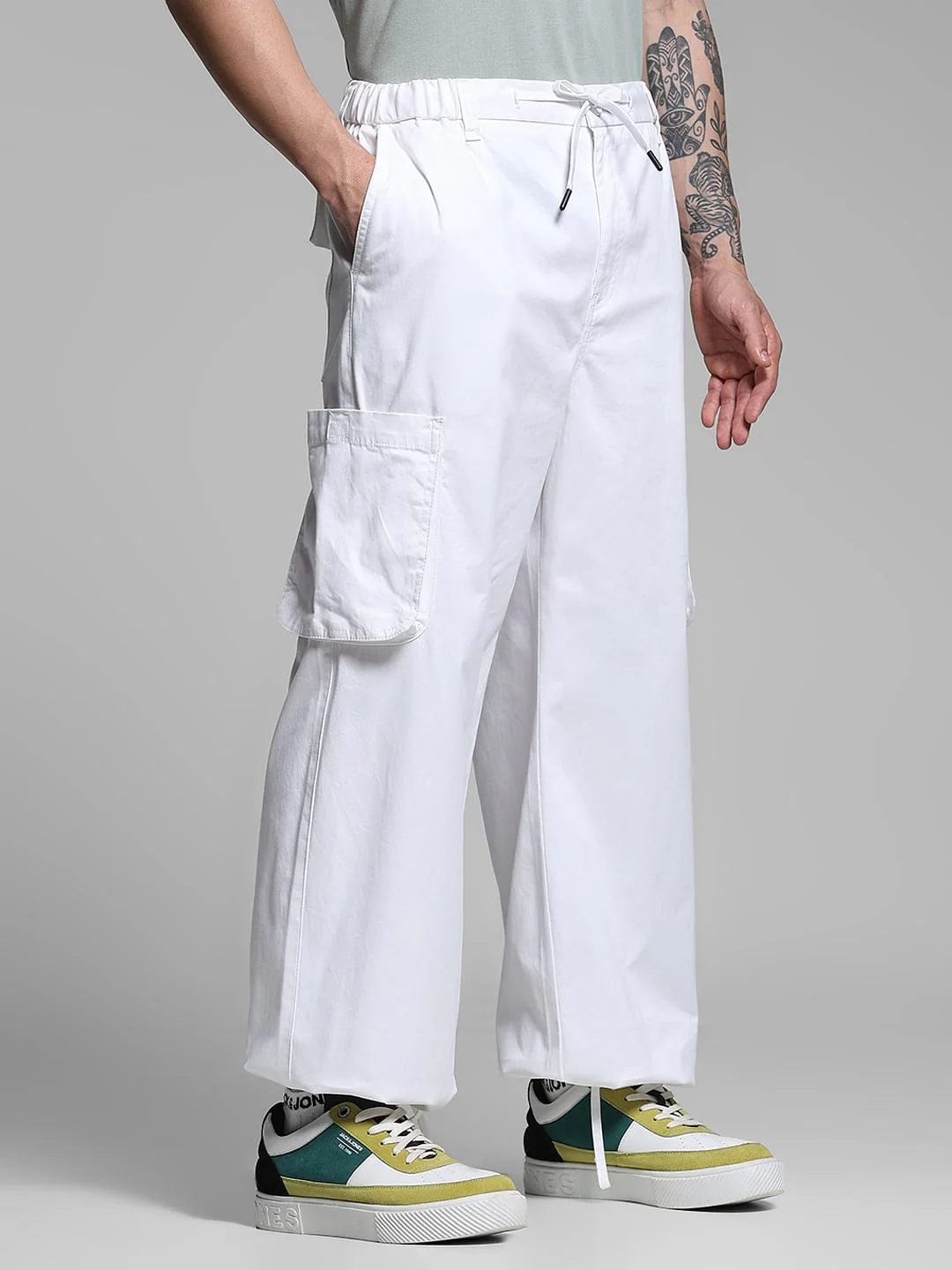 White Cotton Loose Fit Cargos - Image 2