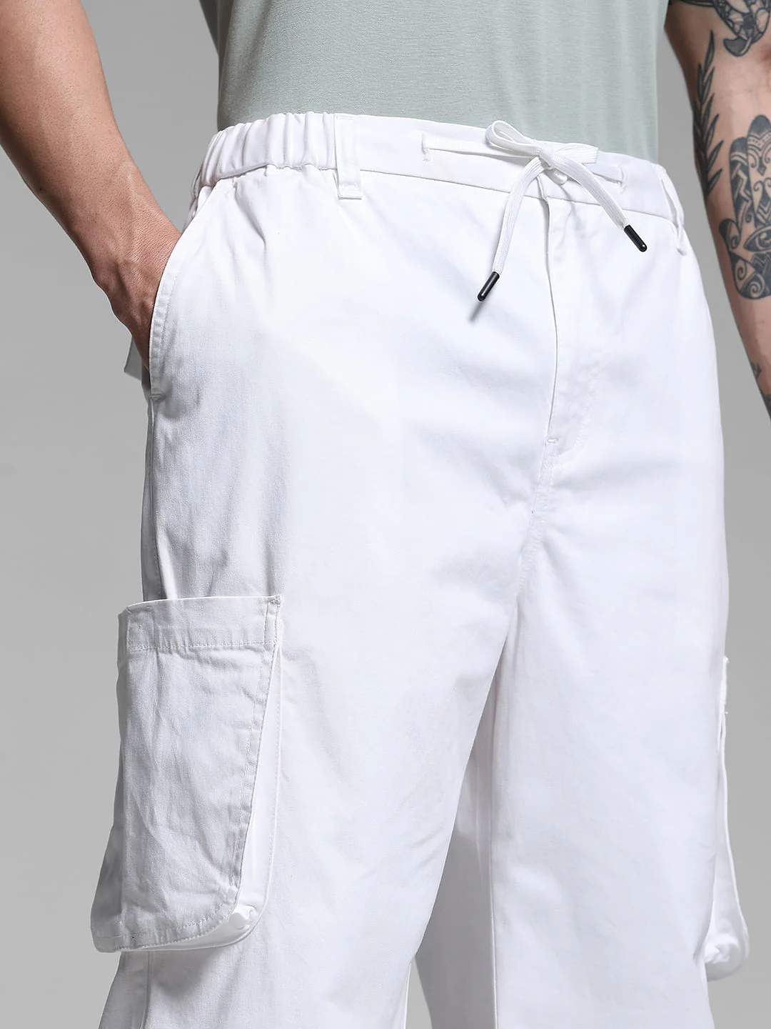 White Cotton Loose Fit Cargos - Image 4