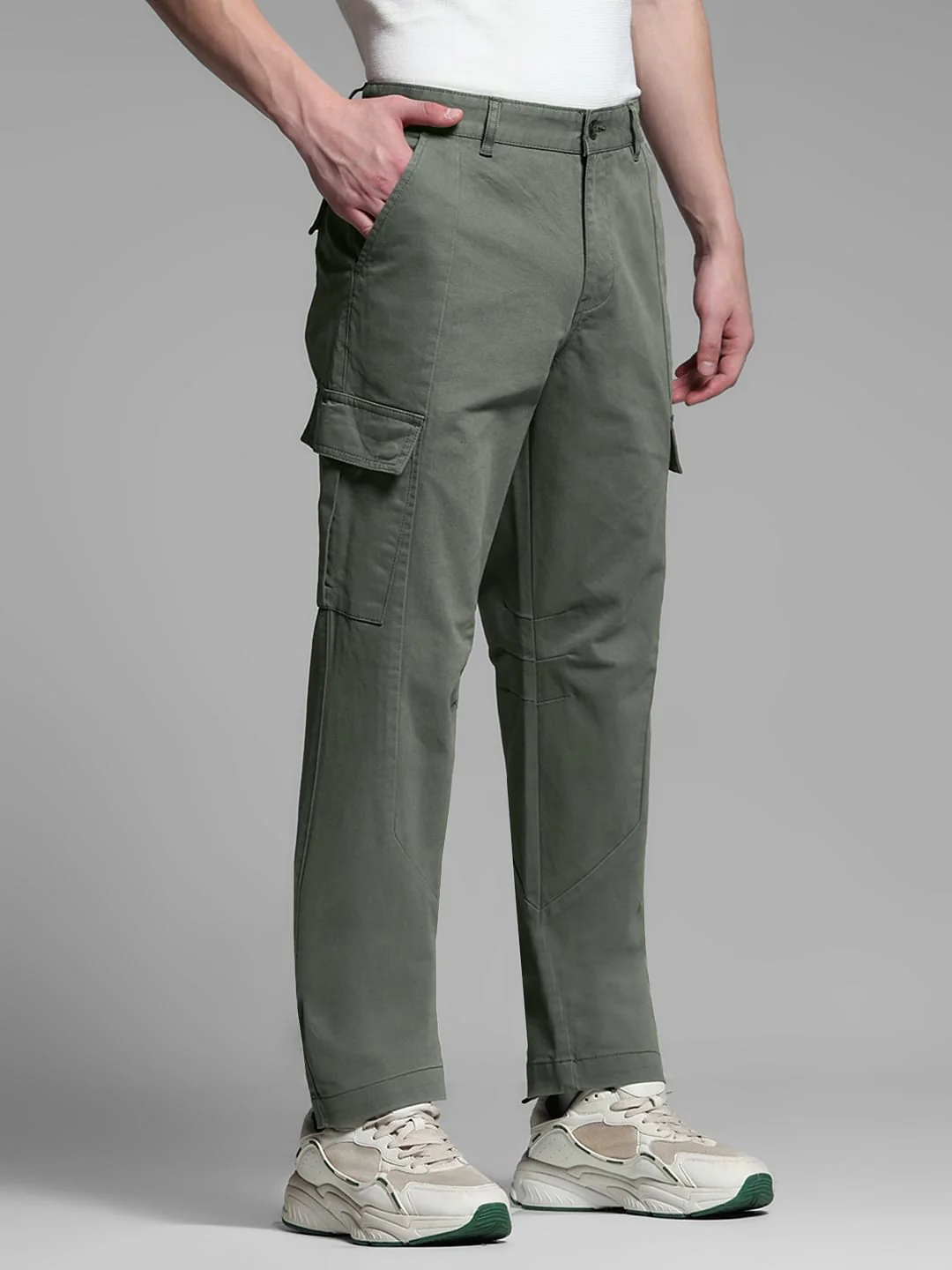 Sage Green Mid Rise Regular Fit Cargos - Image 2