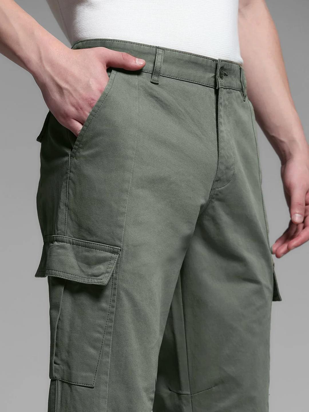 Sage Green Mid Rise Regular Fit Cargos - Image 4