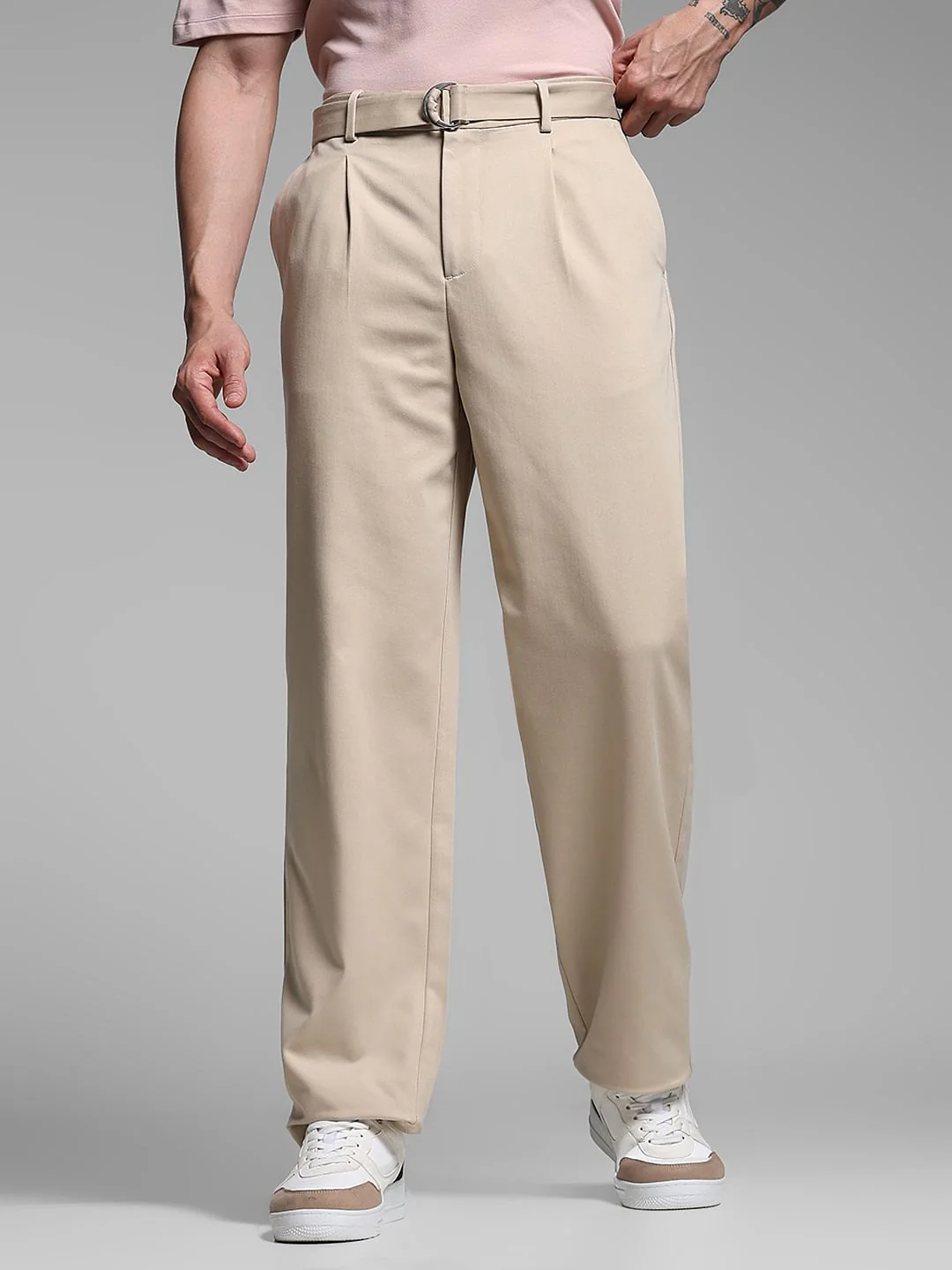 Beige Rayon Loose Fit Pants