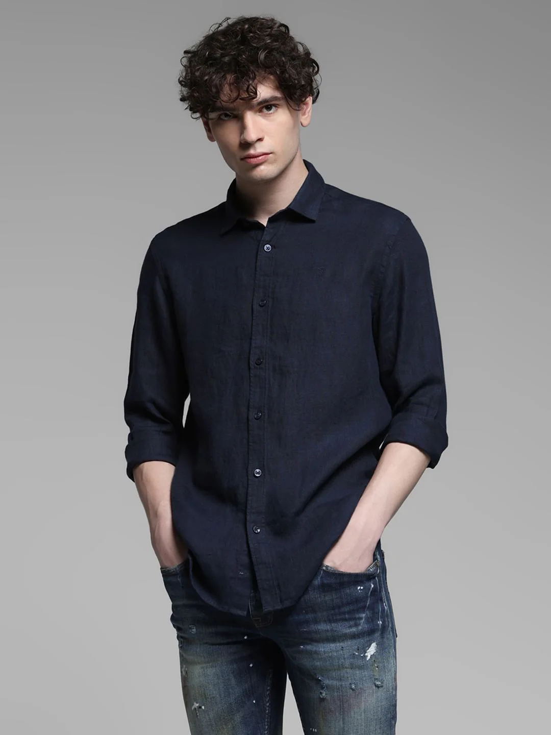 Linen Full Sleeves Shirt - Navy Blue - Image 2