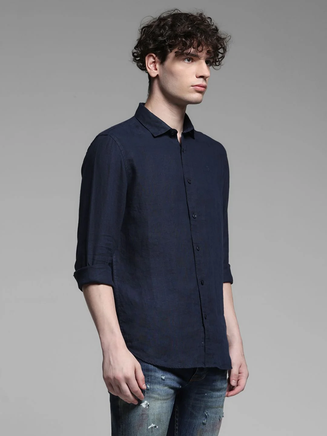 Linen Full Sleeves Shirt - Navy Blue - Image 3