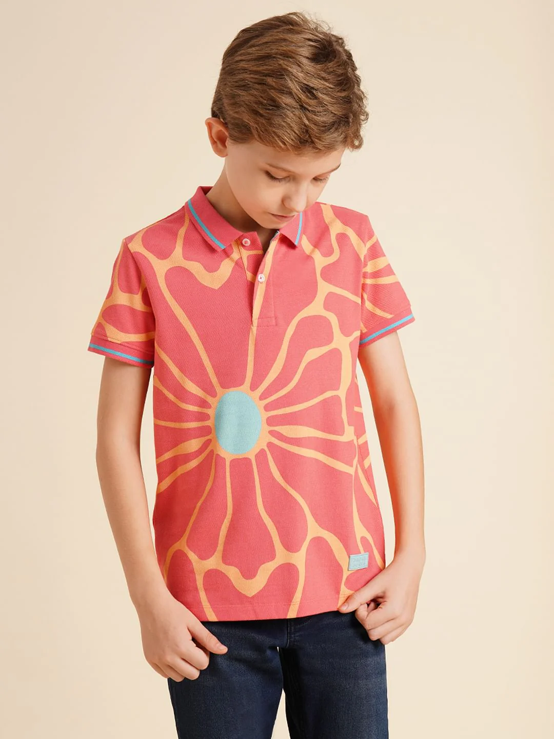 Boys Pink Printed Cotton Polo - Image 2