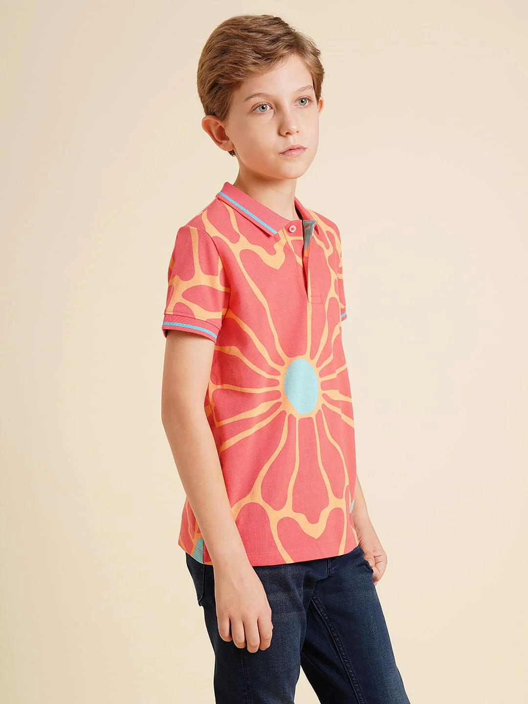 Boys Pink Printed Cotton Polo - Image 3