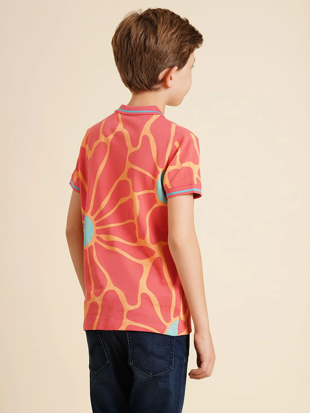 Boys Pink Printed Cotton Polo - Image 4