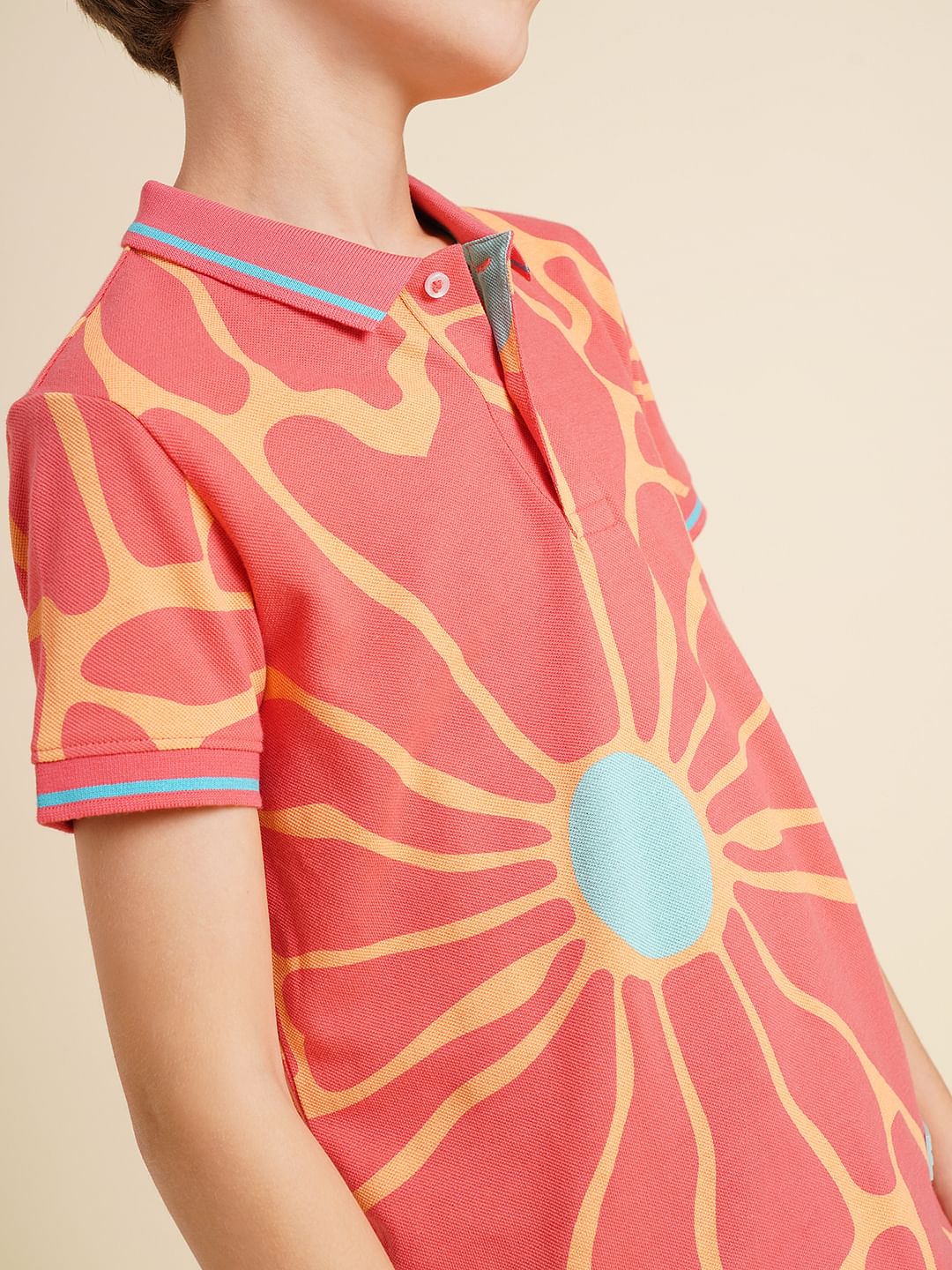 Boys Pink Printed Cotton Polo - Image 6