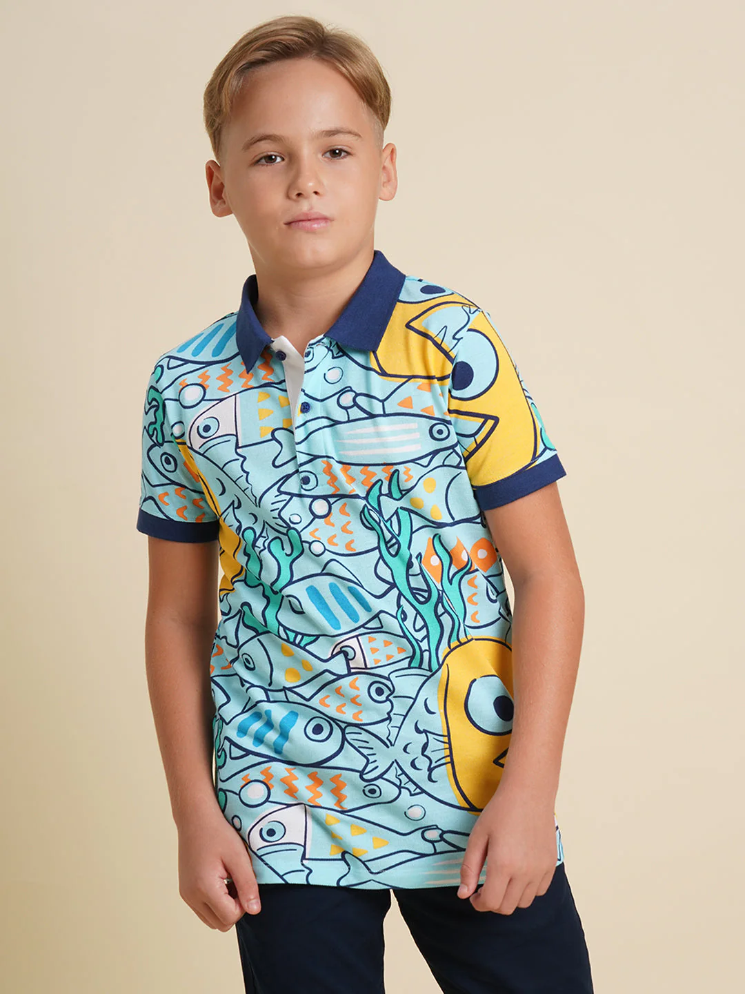 Boys Blue Fish Printed Polo - Image 2