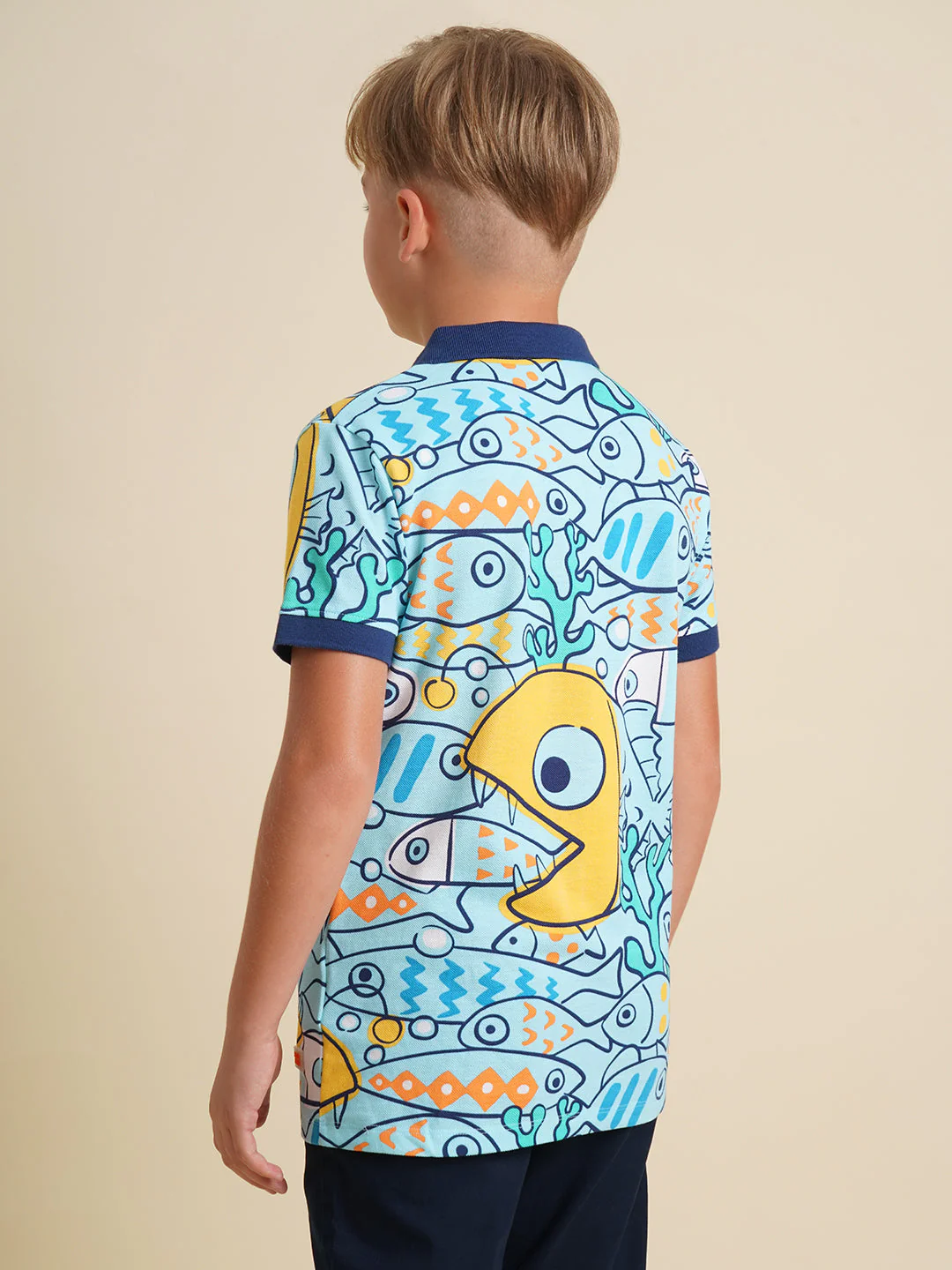 Boys Blue Fish Printed Polo - Image 4