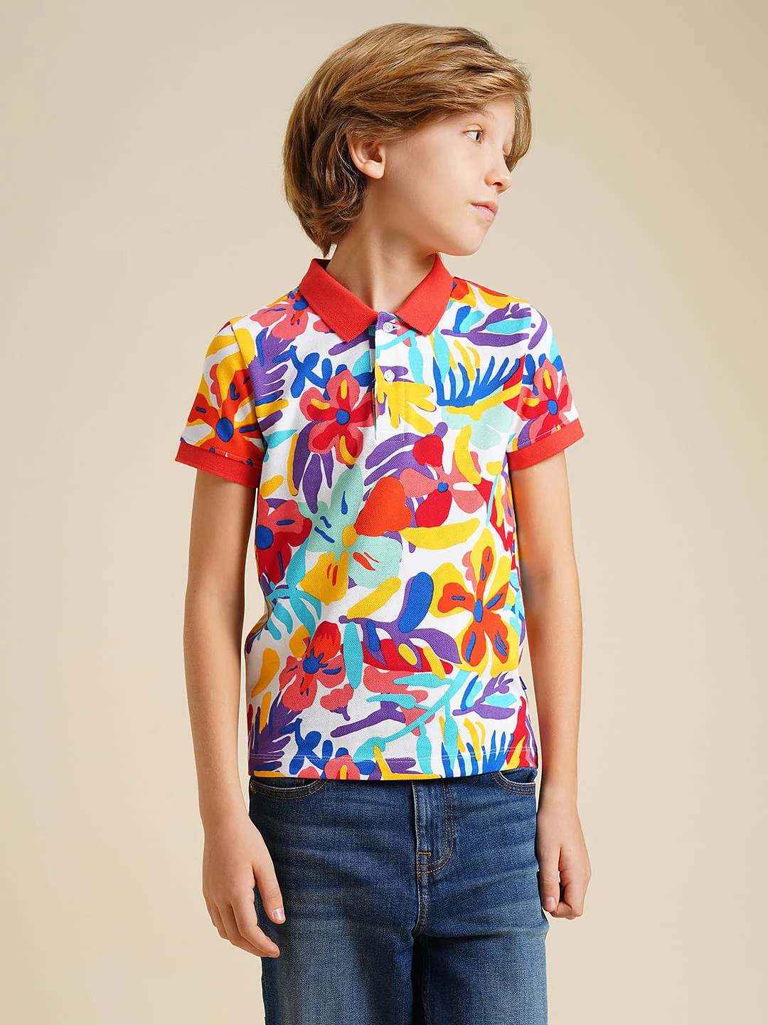Boys Red Printed Cotton Polo - Image 2