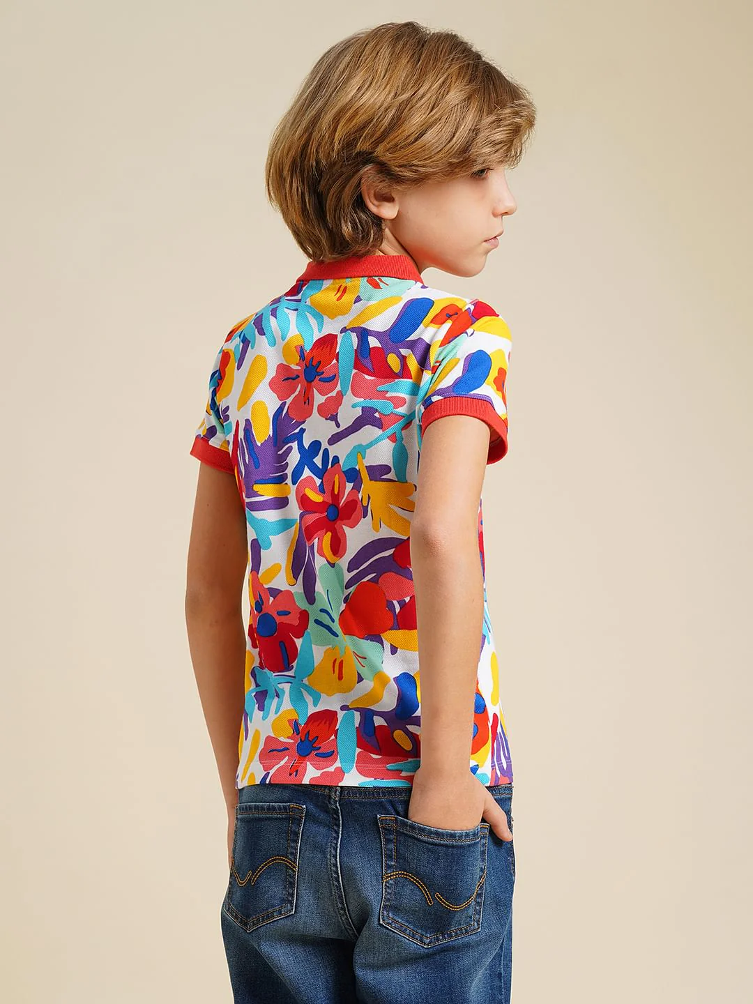 Boys Red Printed Cotton Polo - Image 4