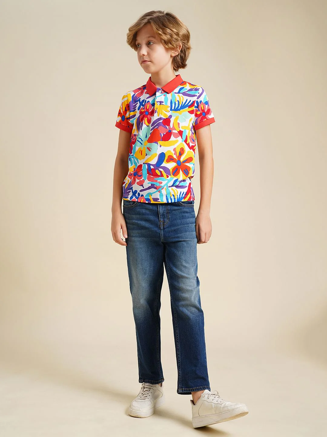 Boys Red Printed Cotton Polo - Image 5