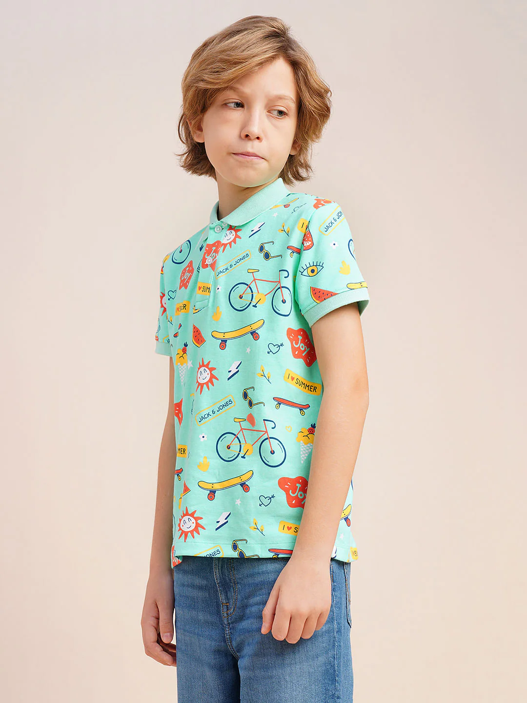 Boys Sea Blue Printed Cotton Polo - Image 3