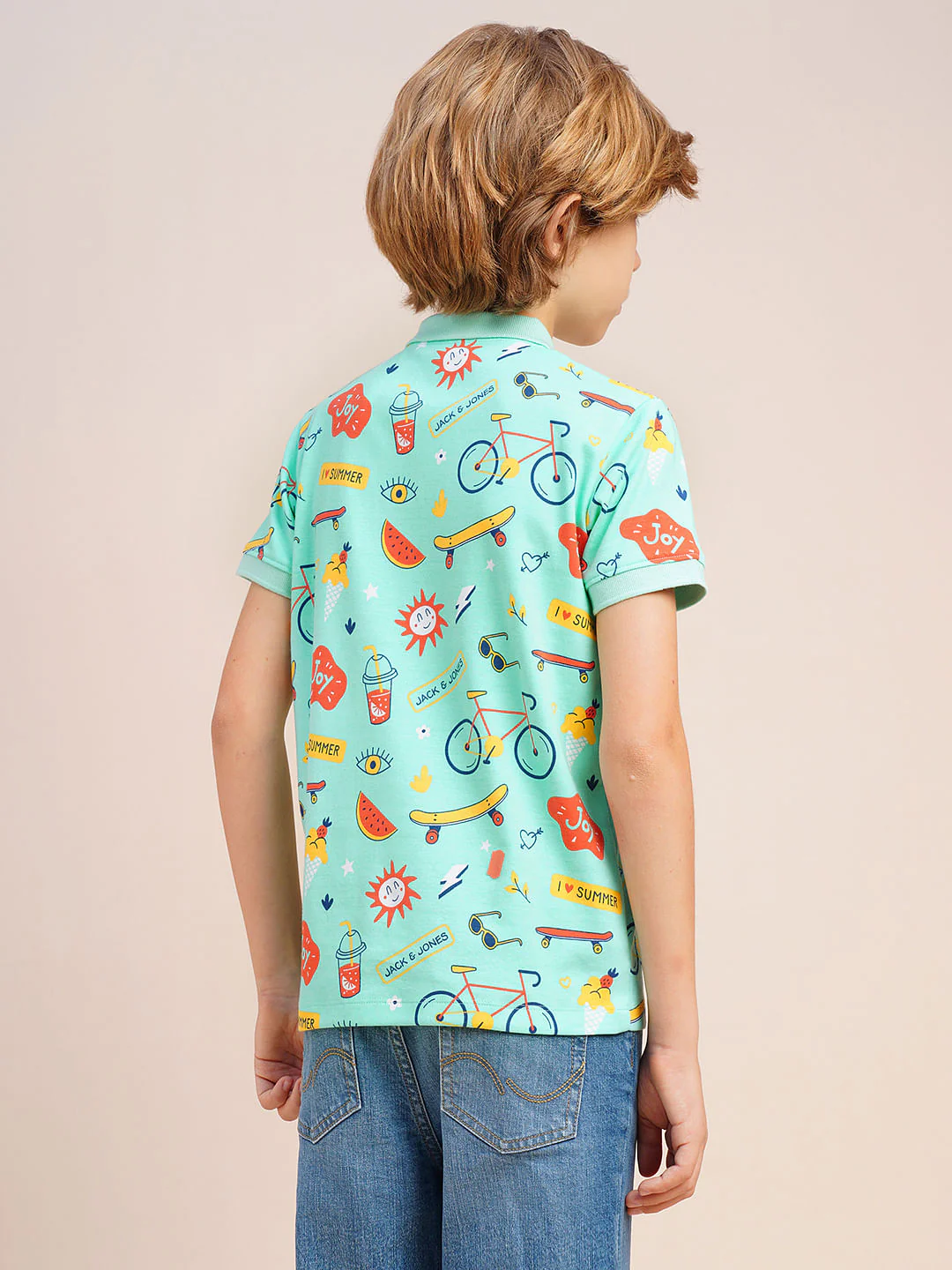 Boys Sea Blue Printed Cotton Polo - Image 4