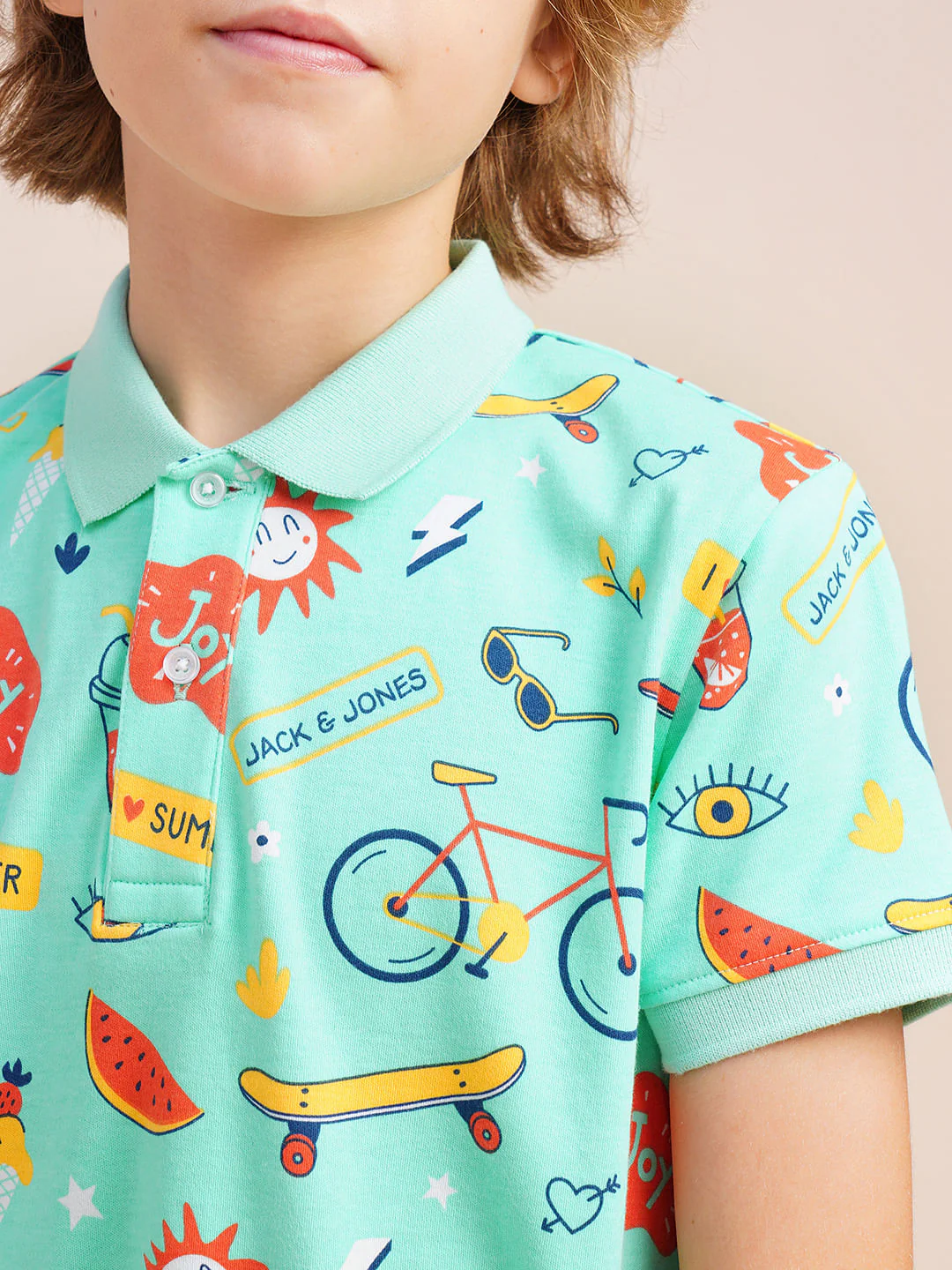 Boys Sea Blue Printed Cotton Polo - Image 6