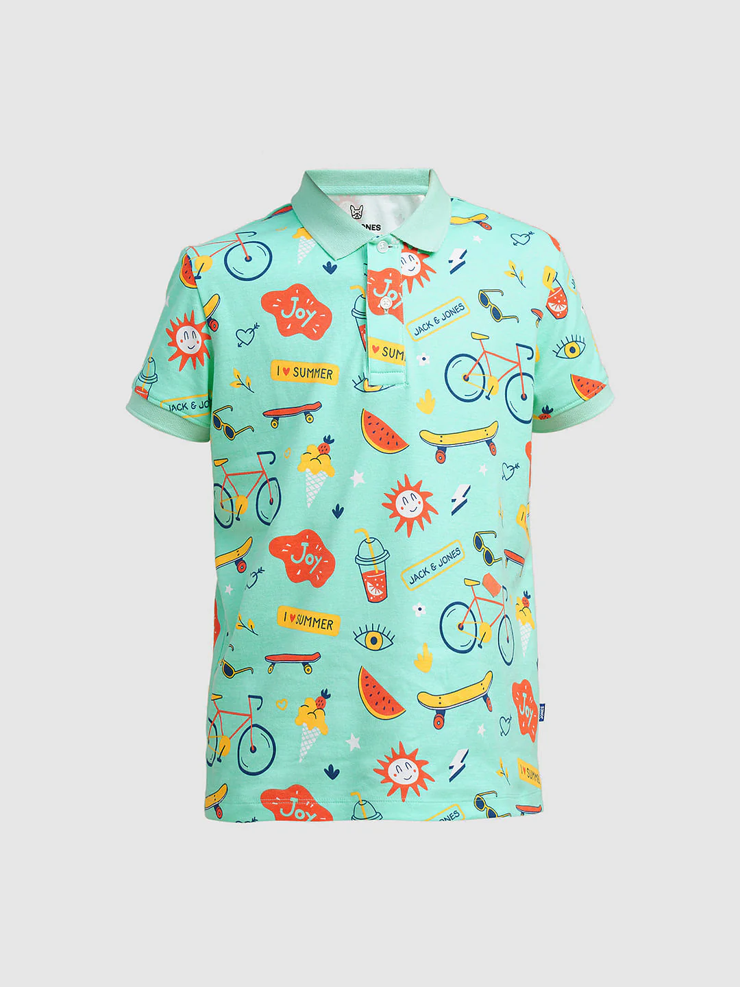 Boys Sea Blue Printed Cotton Polo - Image 7