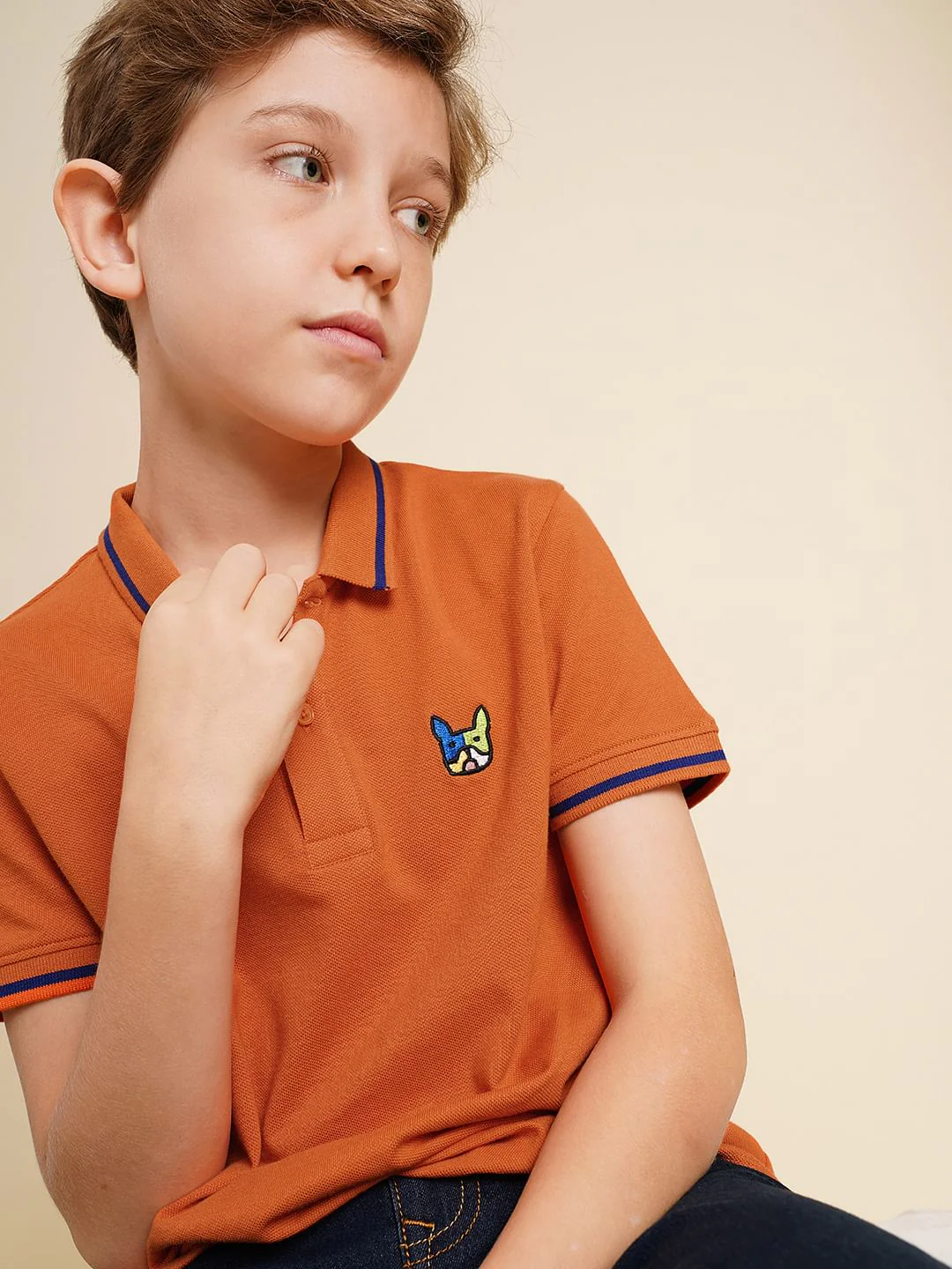 Boys Dark Orange Pique Cotton Polo - Image 6