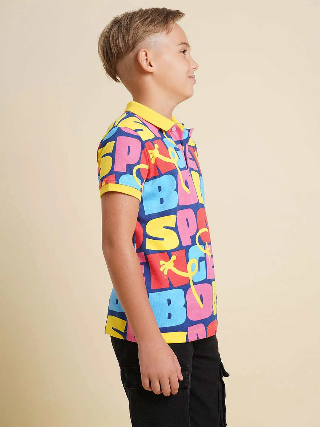 Boys Blue SpongeBob Text Print Polo - Image 3