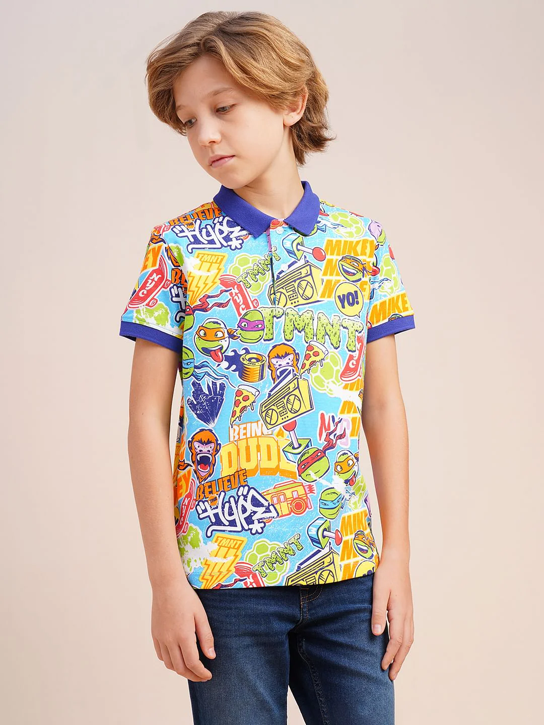 Boys Blue Ninja Turtles Print Polo - Image 2