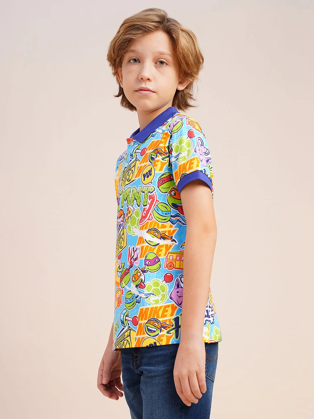 Boys Blue Ninja Turtles Print Polo - Image 3