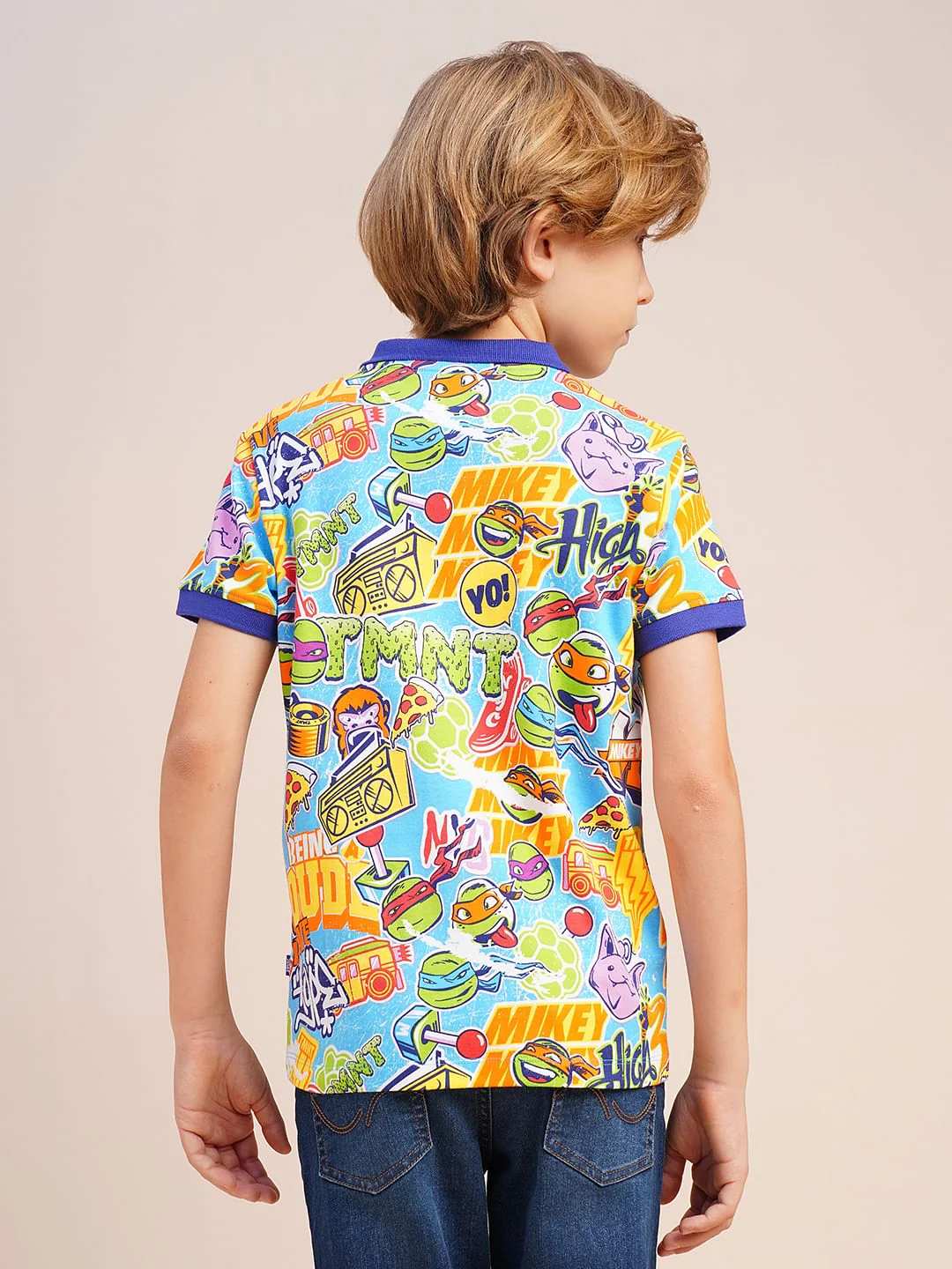 Boys Blue Ninja Turtles Print Polo - Image 4