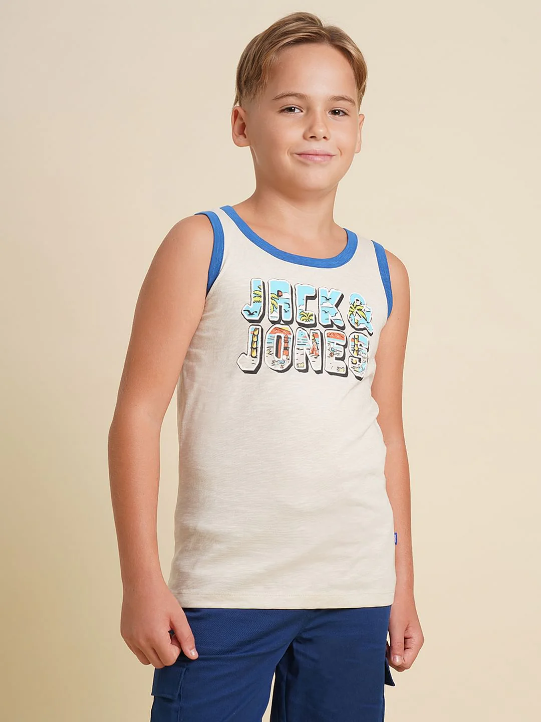 Boys Beige Beach Typo Print T-shirt - Image 2
