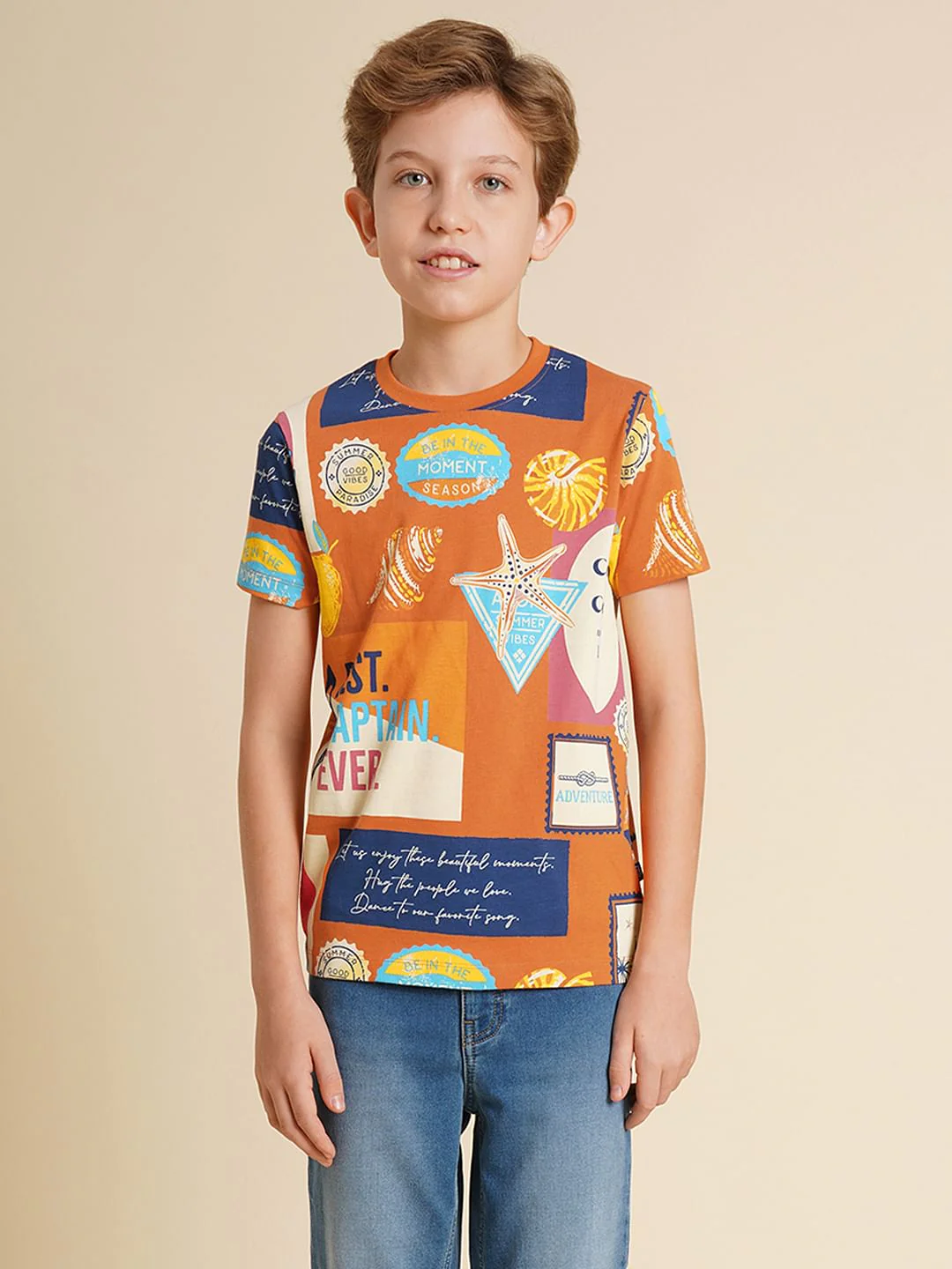 Boys Orange Printed Cotton T-Shirt - Image 2