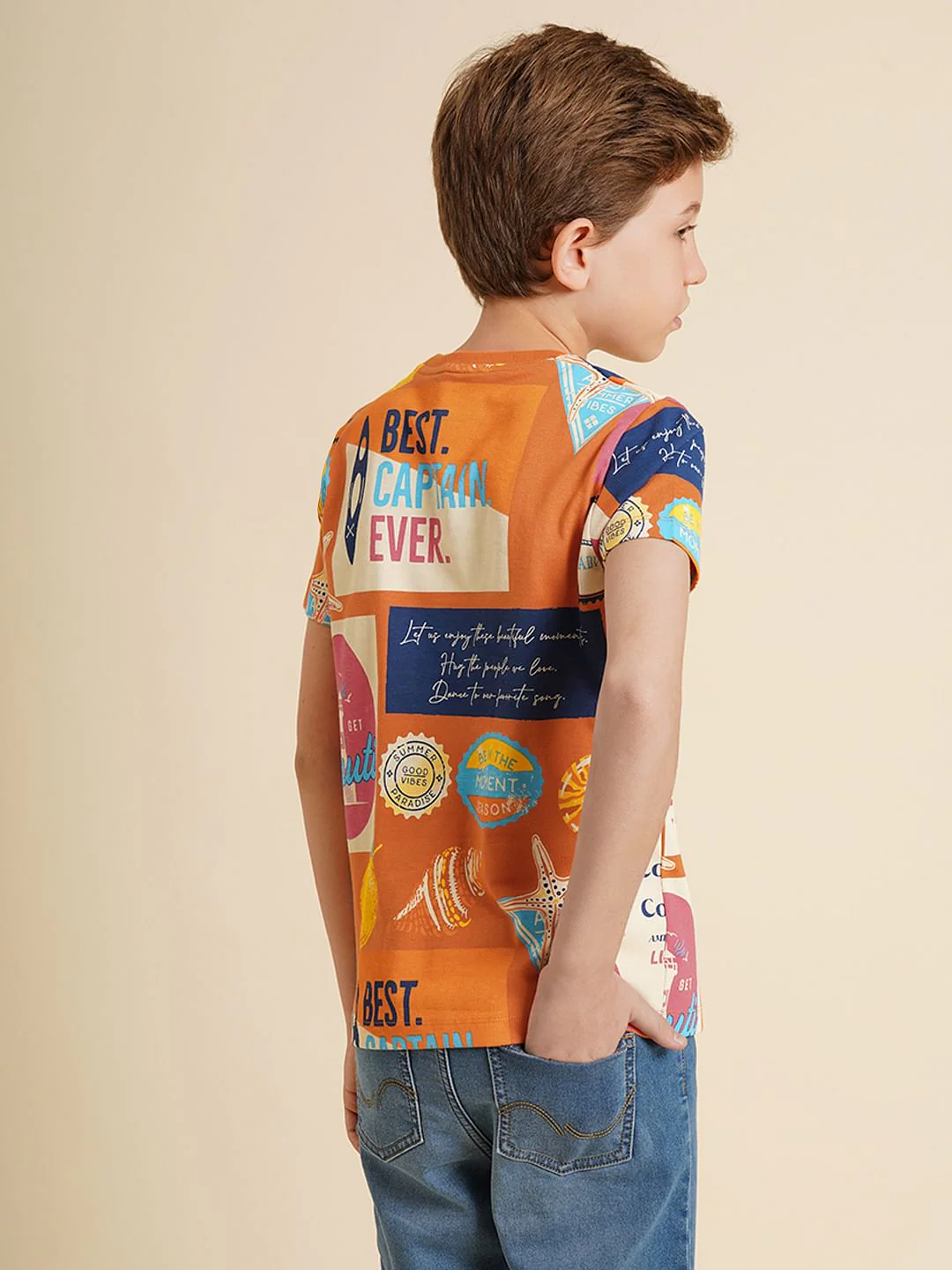 Boys Orange Printed Cotton T-Shirt - Image 4