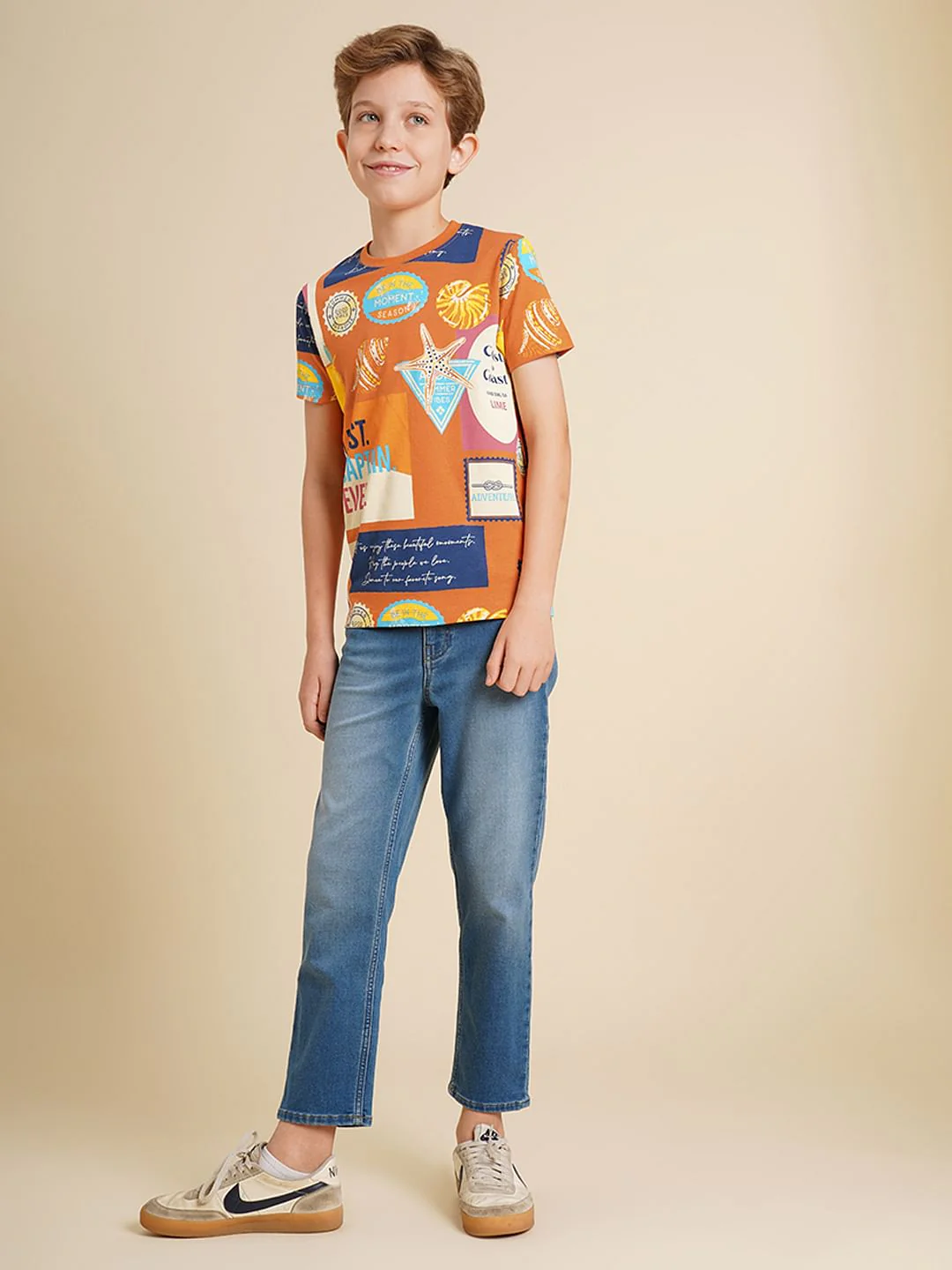 Boys Orange Printed Cotton T-Shirt - Image 5