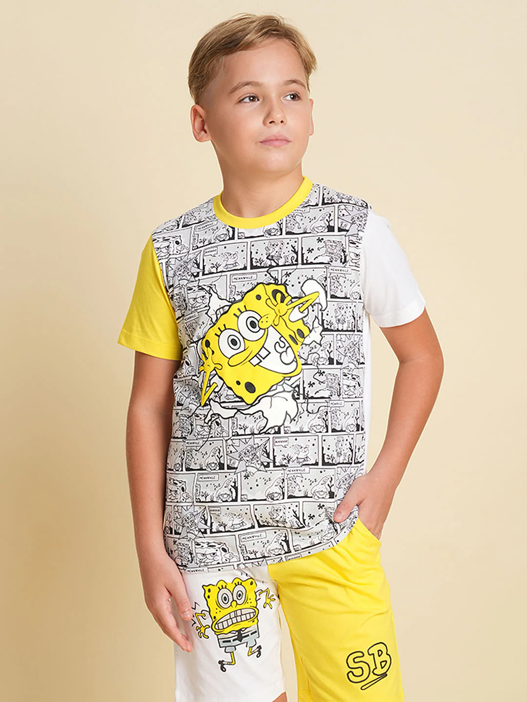 Boys Yellow SpongeBob Print Co-ord Set T-shirt - Image 2