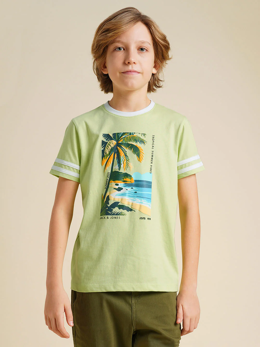 Boys Green Printed Cotton T-shirt - Image 2