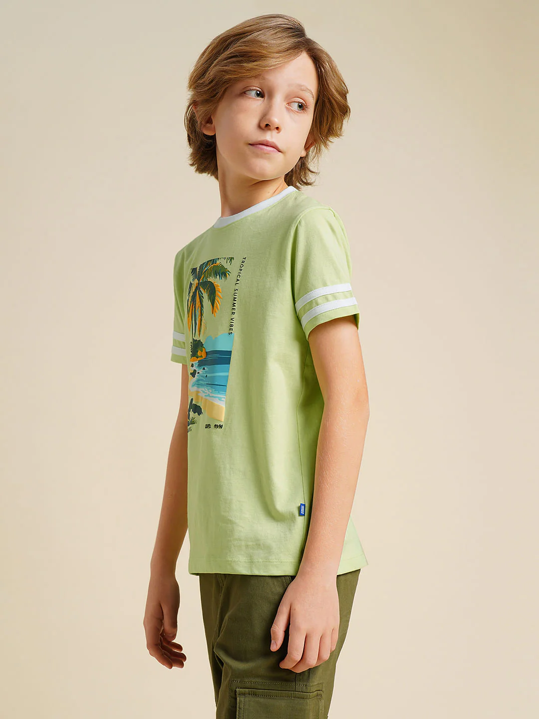 Boys Green Printed Cotton T-shirt - Image 3
