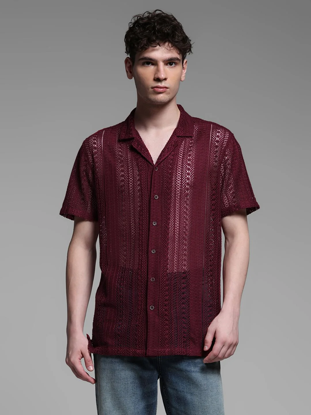 MAROON TEXTURED SHORT SLEEVES SHIRT - Image 2