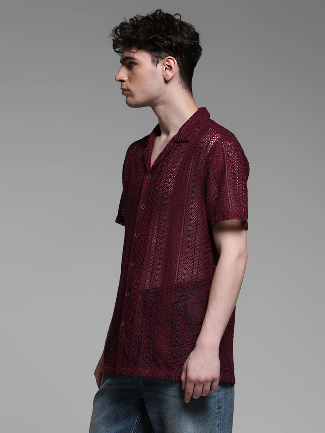MAROON TEXTURED SHORT SLEEVES SHIRT - Image 3
