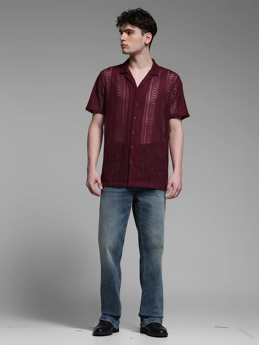 MAROON TEXTURED SHORT SLEEVES SHIRT - Image 6