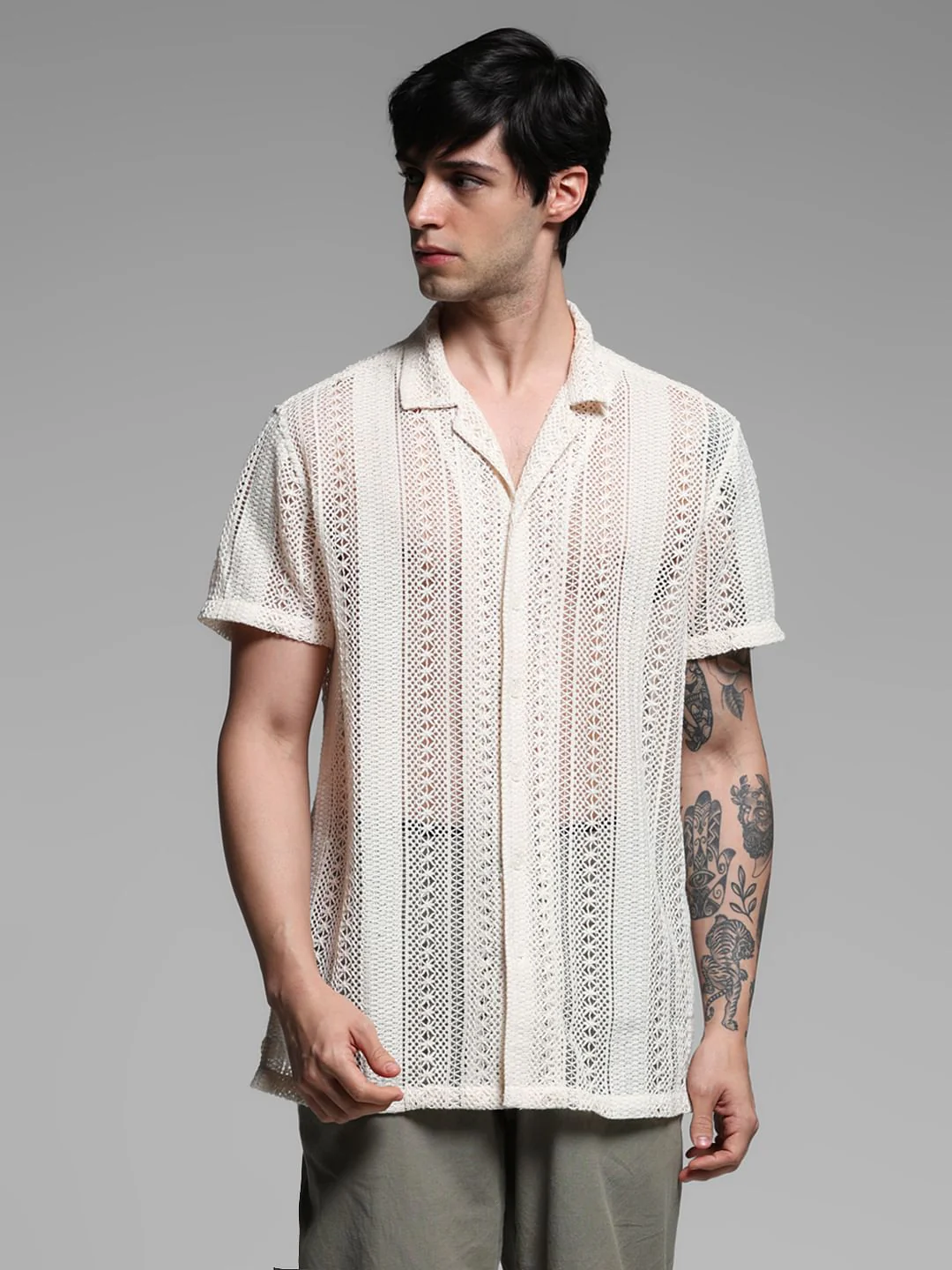 Beige Schiffli Resort Collar Shirt - Image 2
