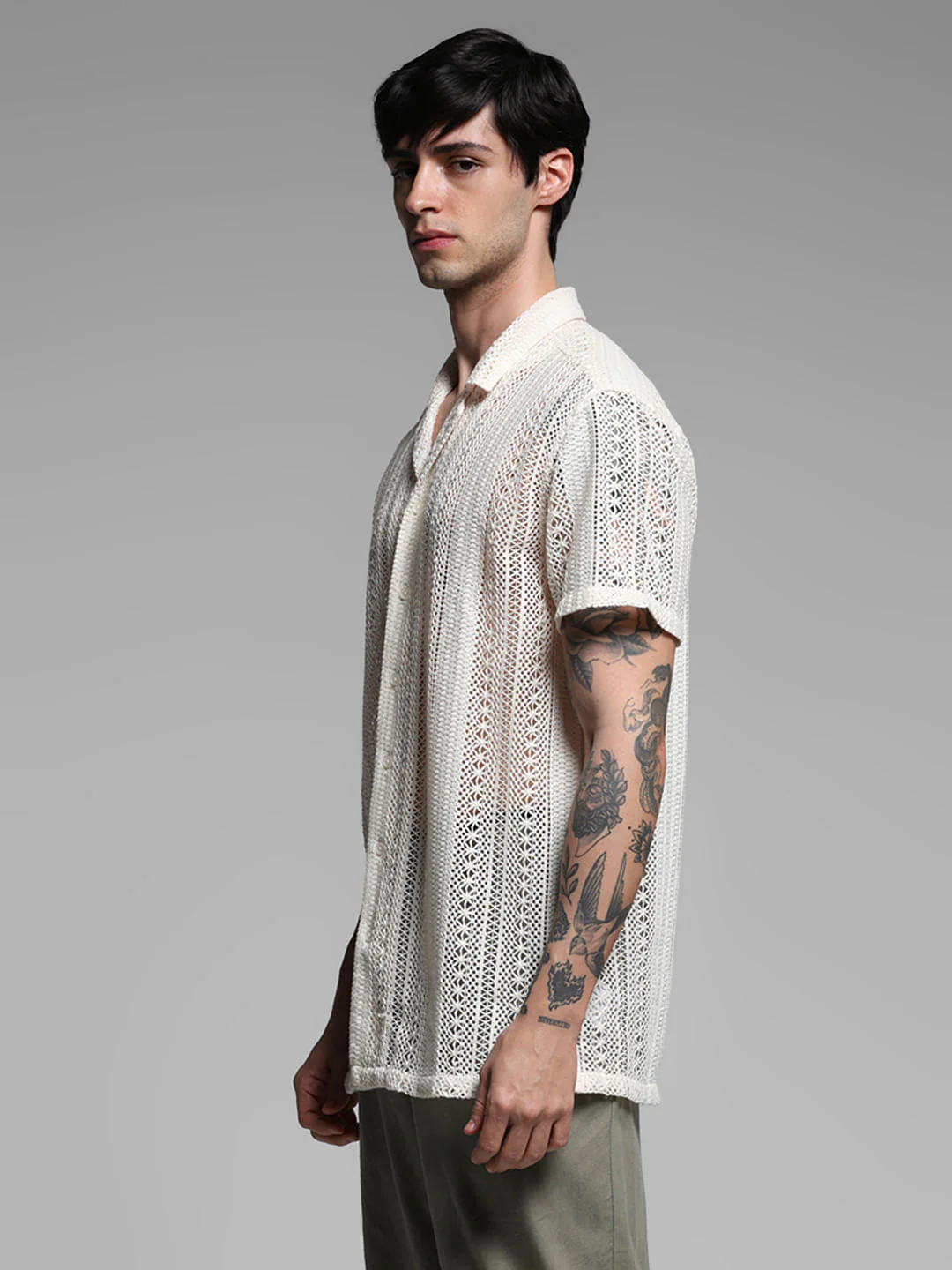 Beige Schiffli Resort Collar Shirt - Image 3