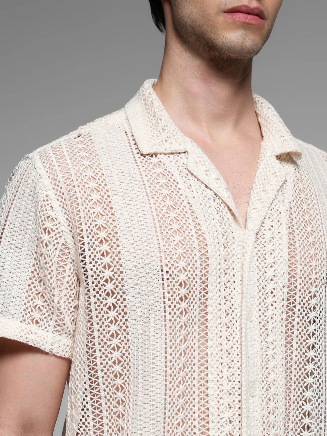 Beige Schiffli Resort Collar Shirt - Image 5