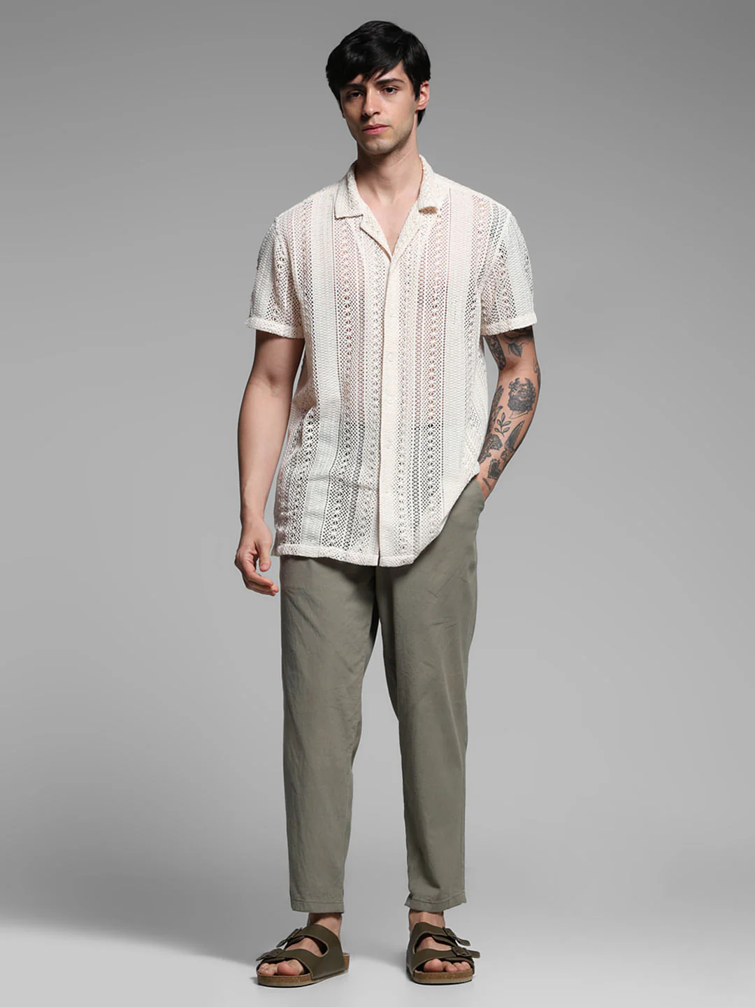 Beige Schiffli Resort Collar Shirt - Image 6