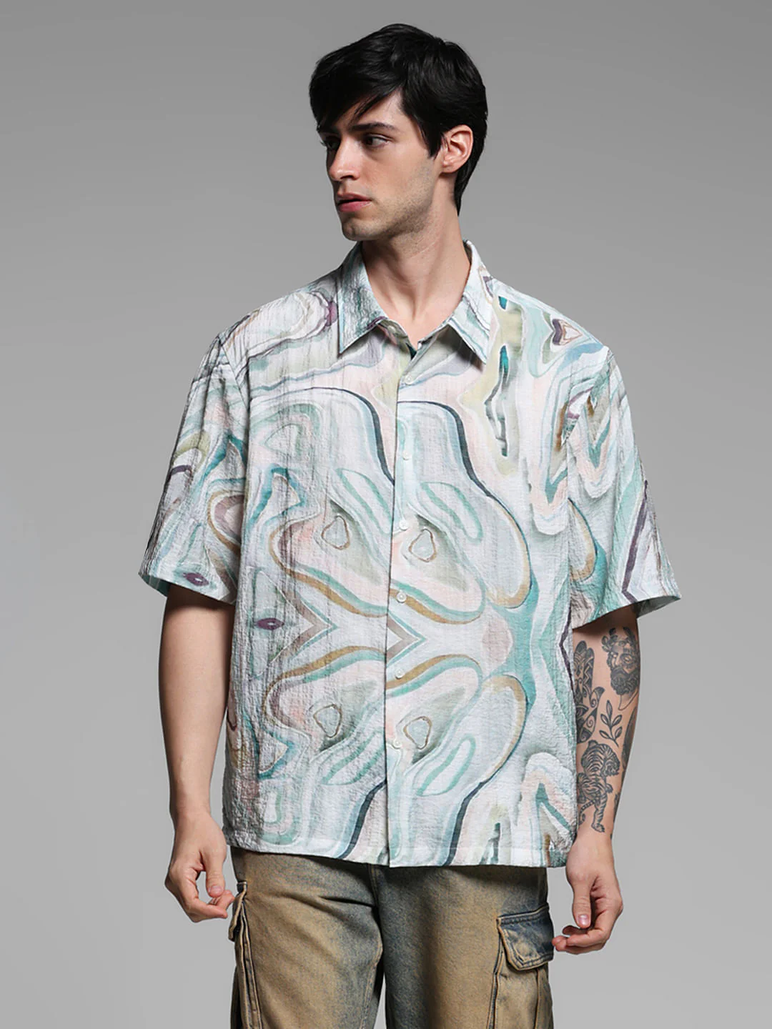 Light Green Printed Lyocell Oversized Shirt - Image 2