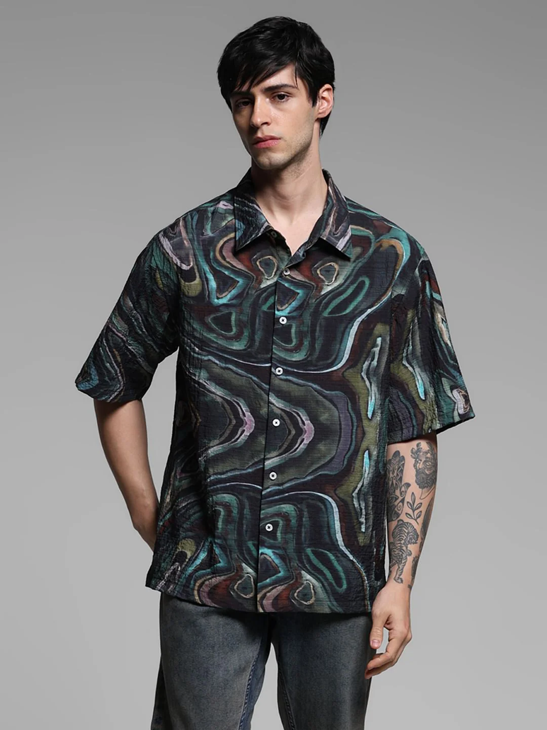 Black Printed Lyocell Oversized Shirt - Image 2