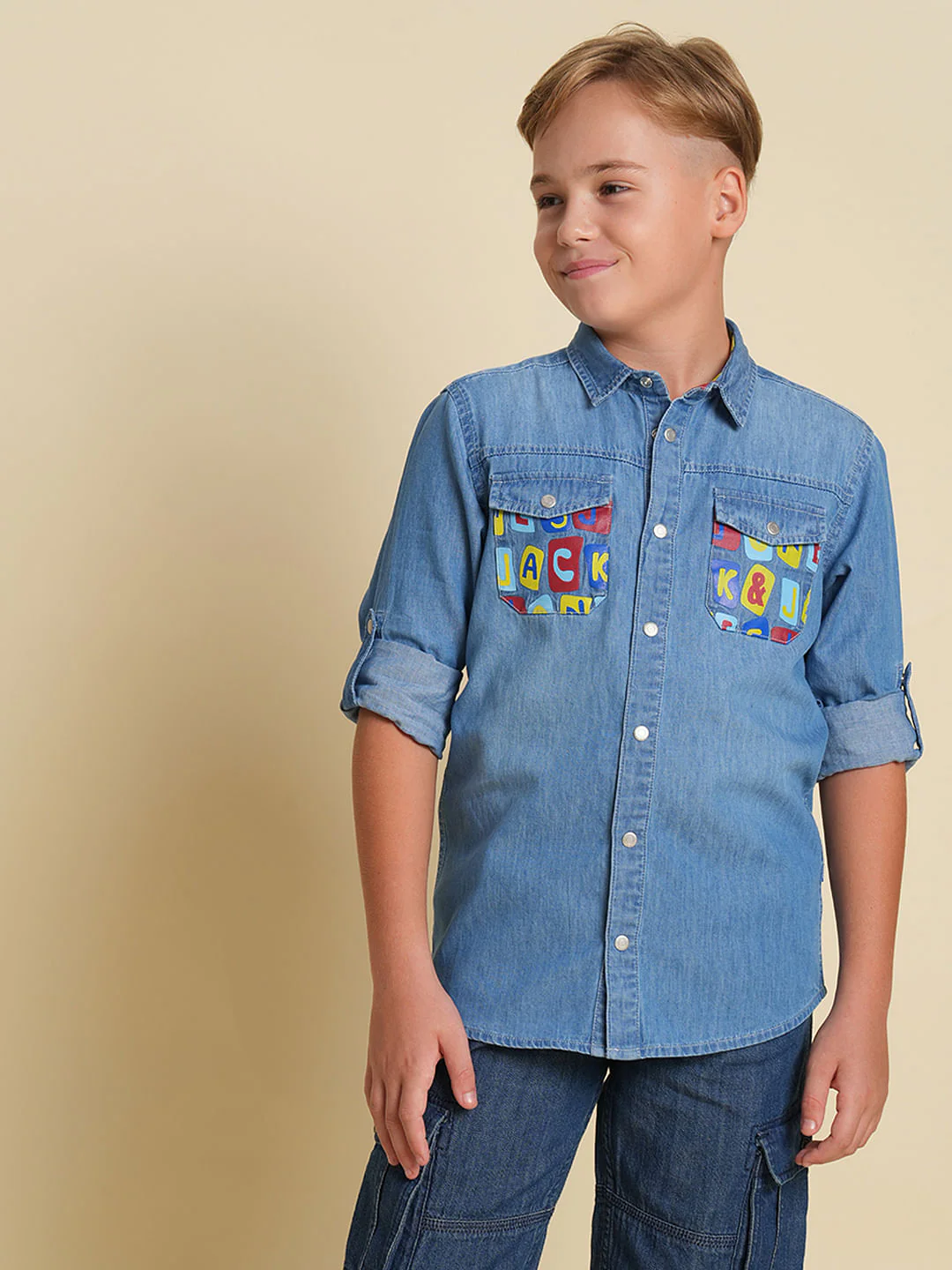 Boys Blue Printed Pockets Denim Shirt - Image 2