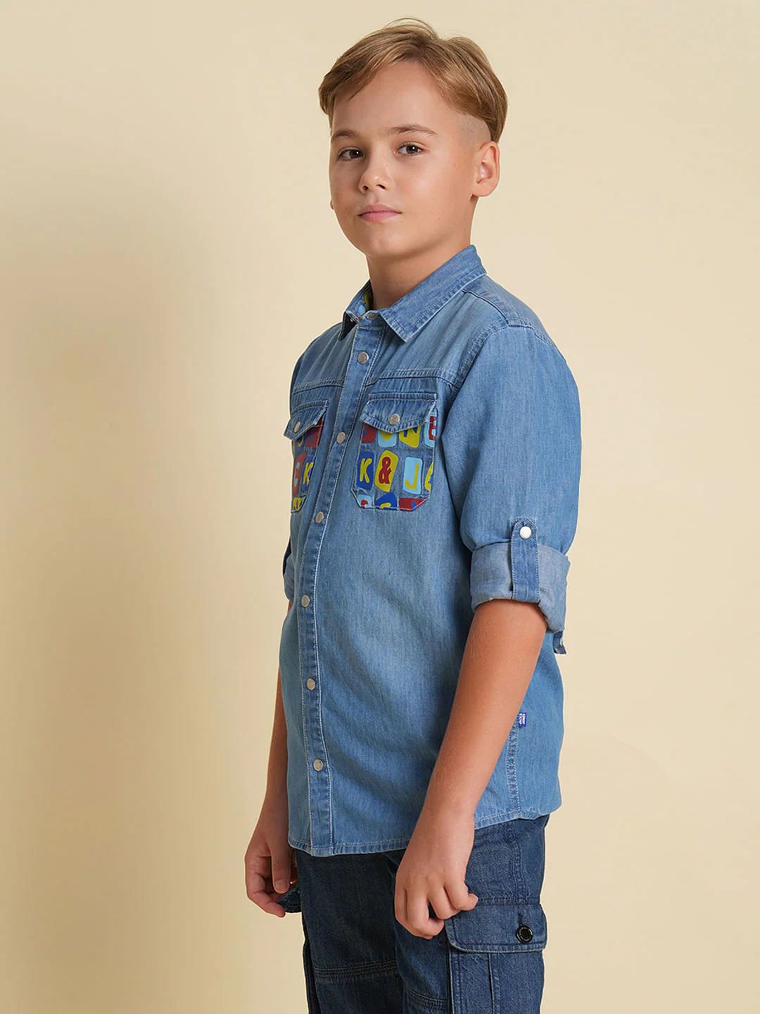 Boys Blue Printed Pockets Denim Shirt - Image 3